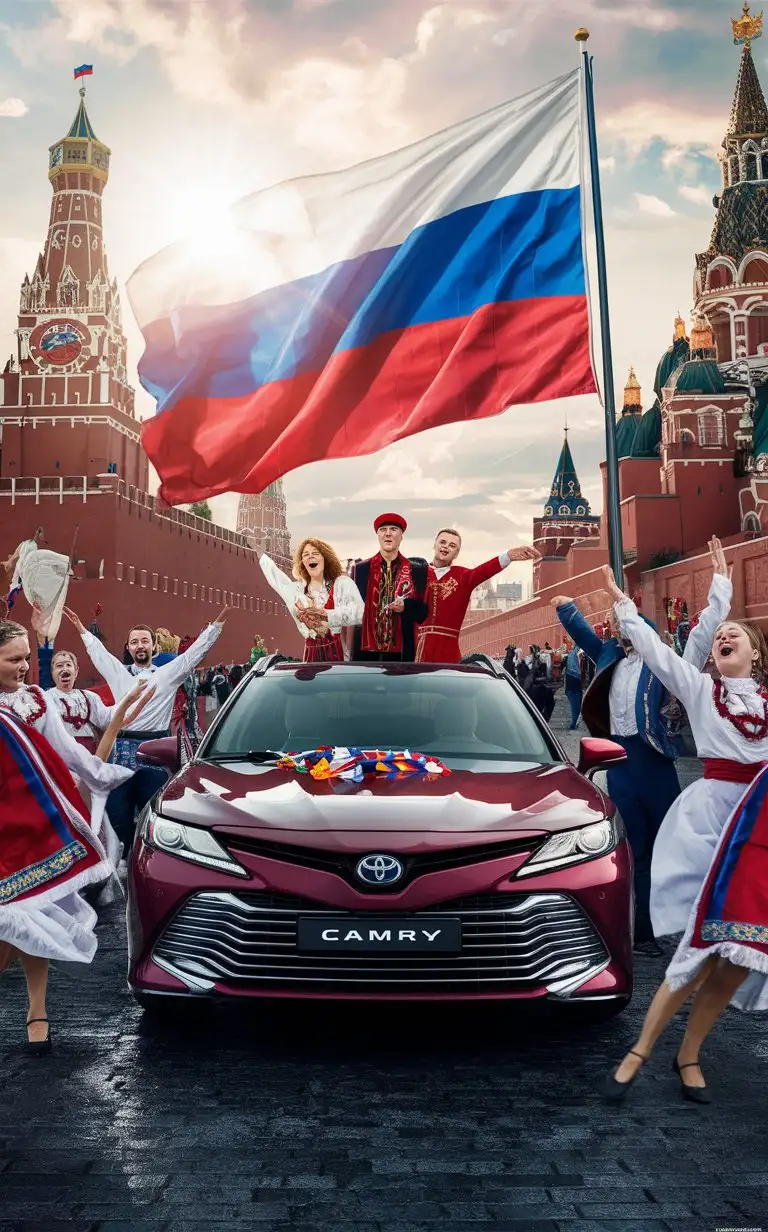 Russian-Flag-Adorns-Toyota-Camry-on-Holiday-Visit-to-the-Kremlin