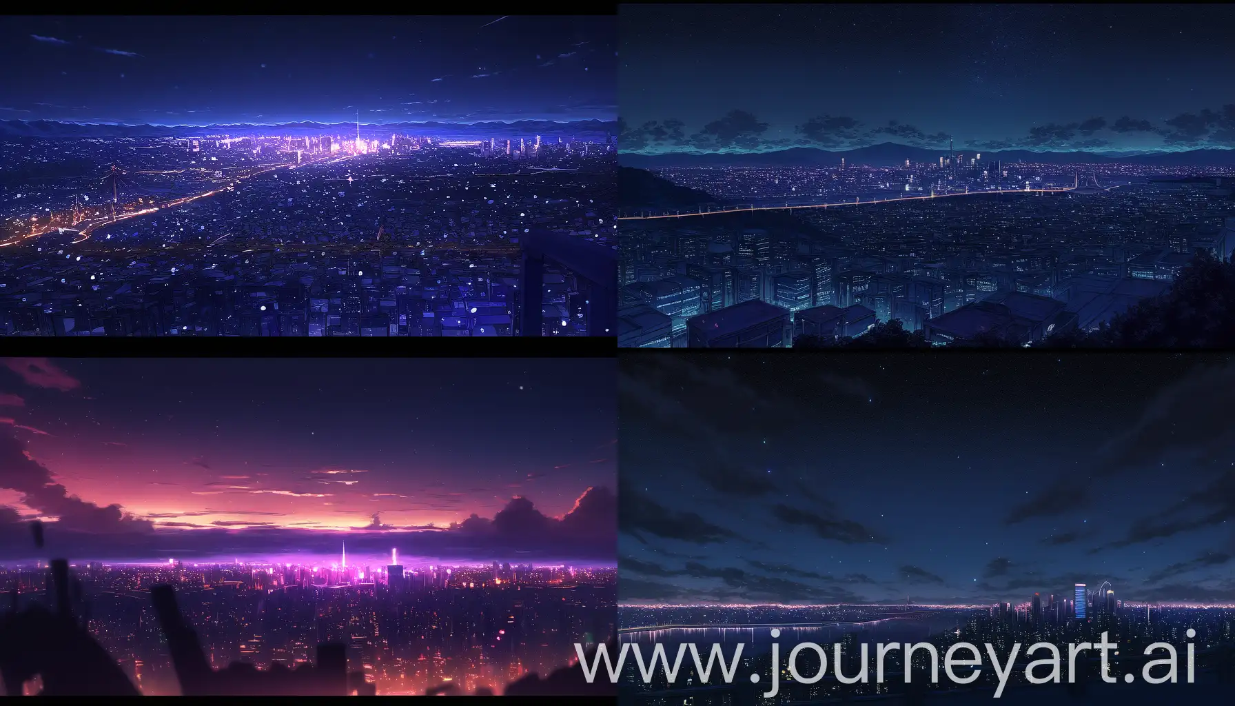 anime, landscape, deep night, winter, dim colors, city in the distance, 4k --ar 16:9
