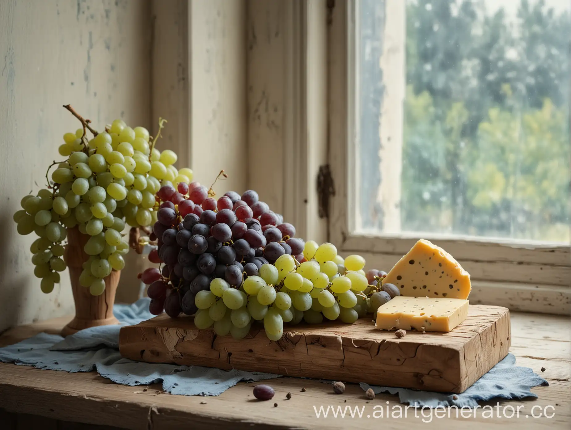 Rustic-Wooden-Stand-with-Grapes-and-Cheese-Delightful-Still-Life-Composition