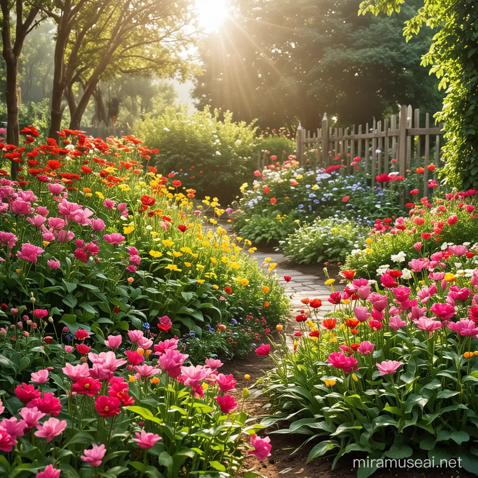Colorful Flower Garden in the Morning Sunlight