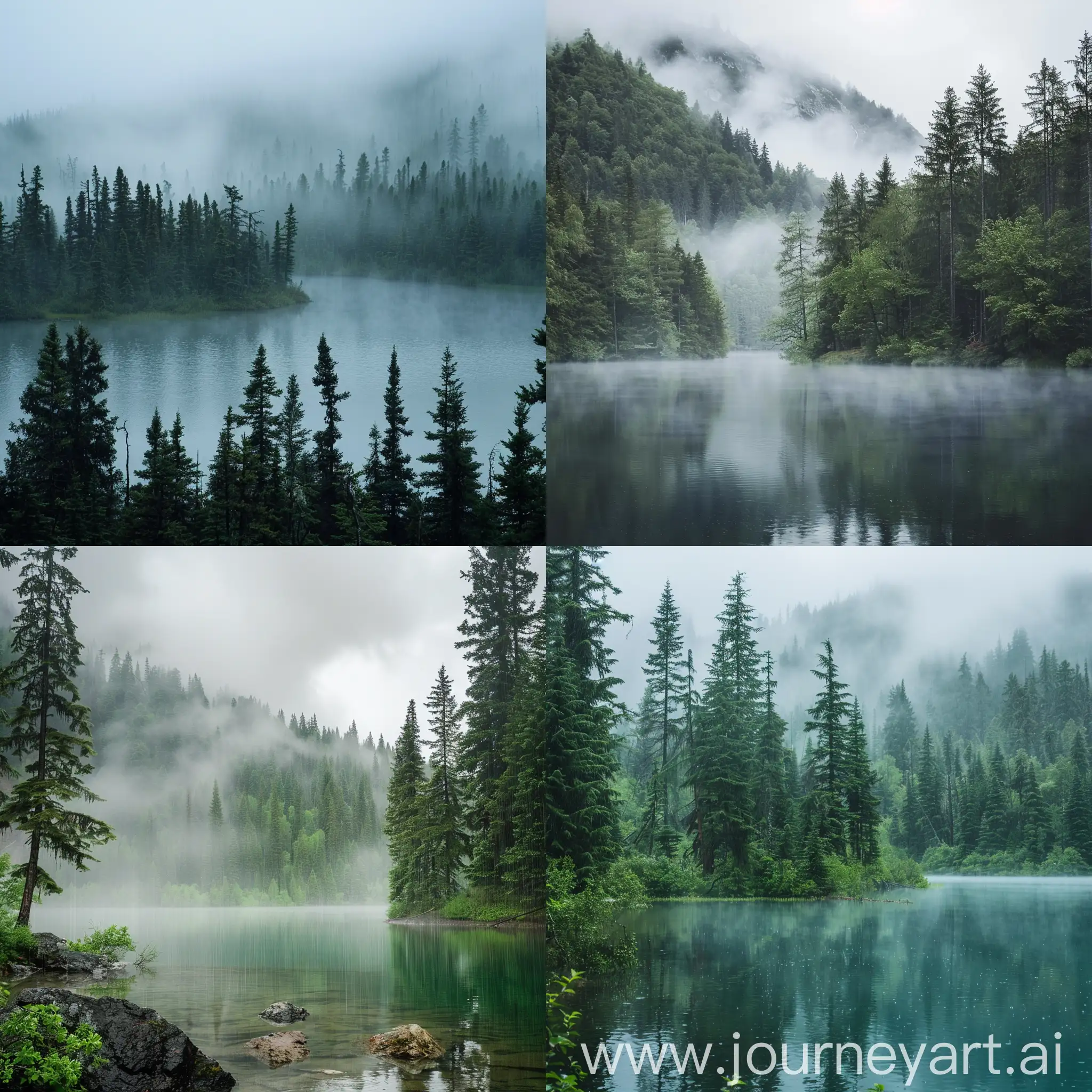 Enchanting-Forest-Fog-Tranquil-Lake-Scene-with-Soft-Rain