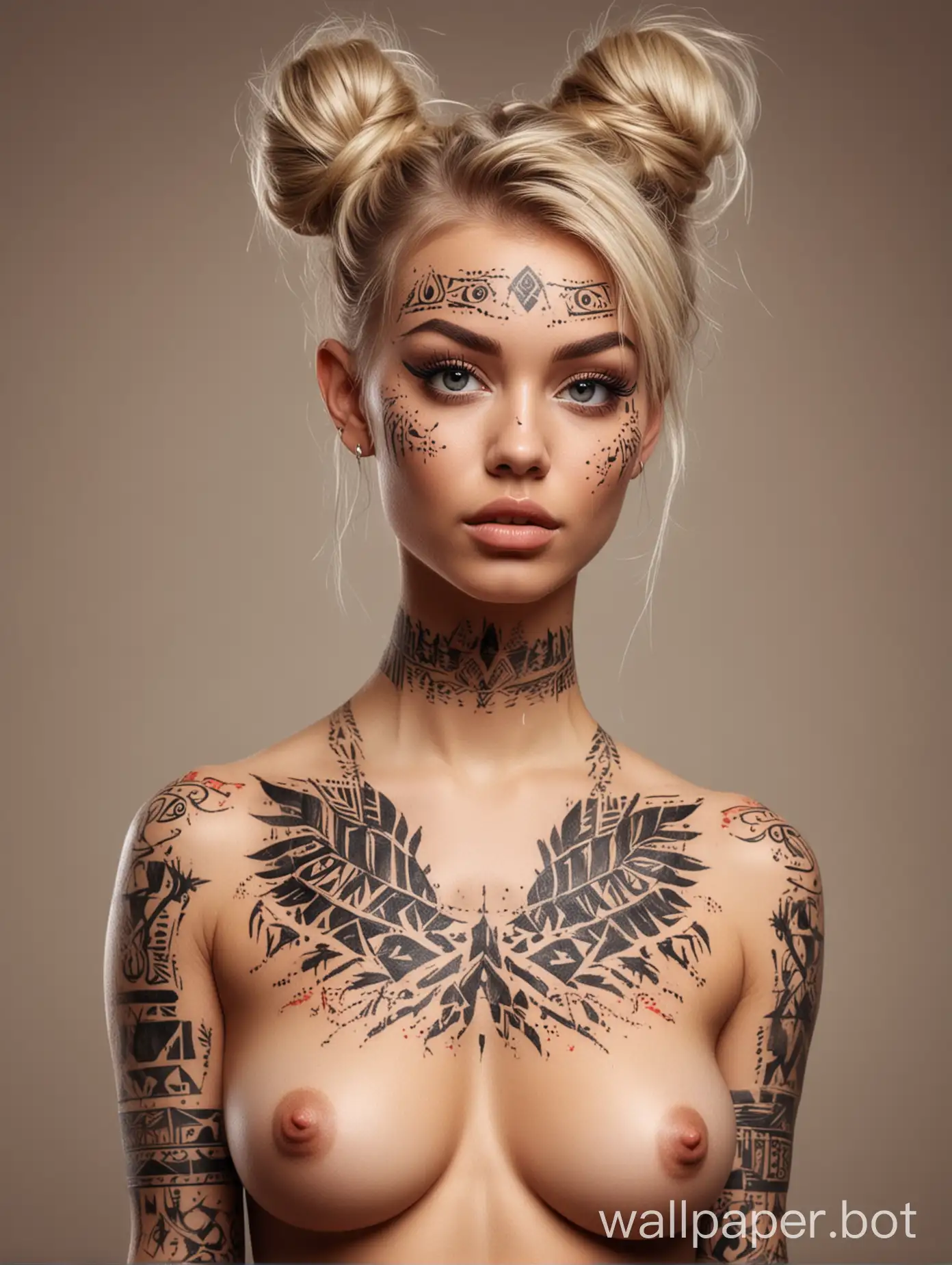 Captivating sketch of blonde woman naked her body covered with colored tribal tattoos, messy bun hairstyle thick eyelashes, shy pose