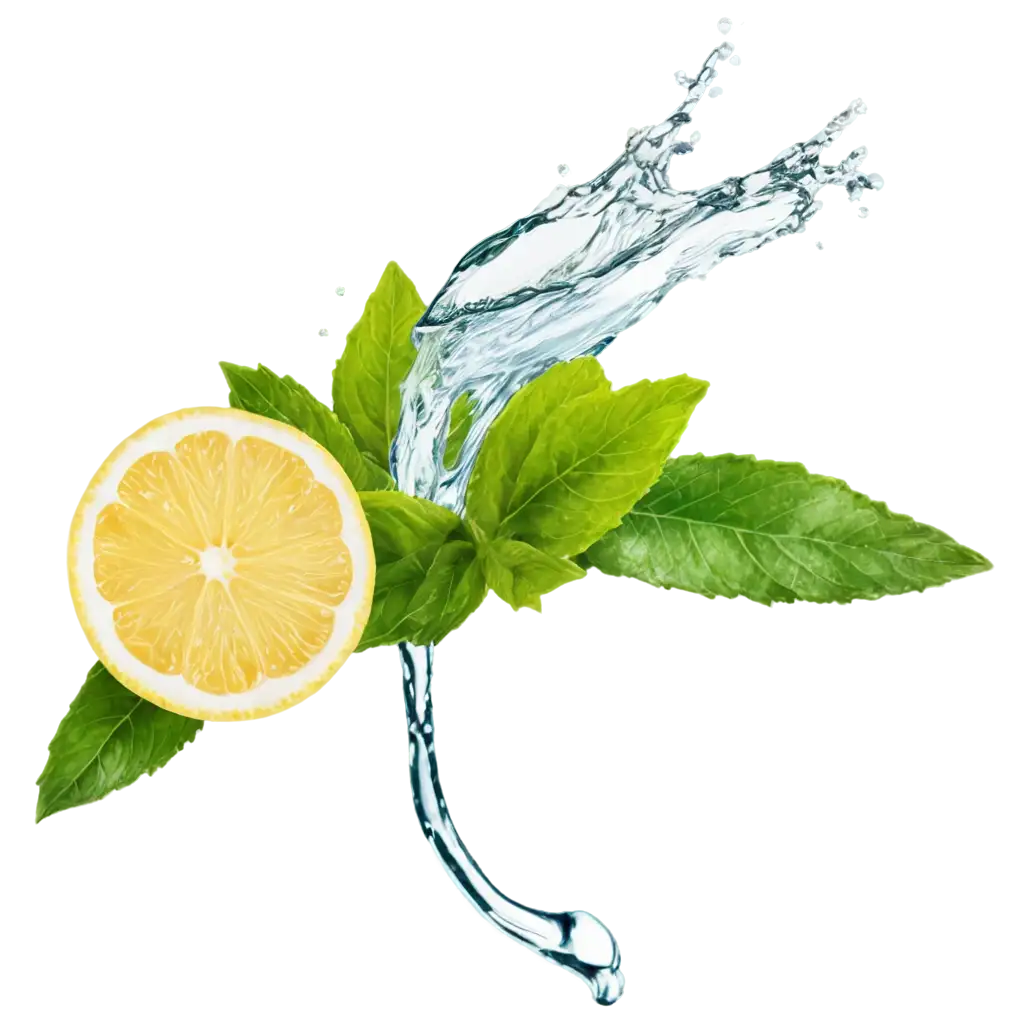 Lemon water splash isolated on a white transparent background, png. Lemon fruit slice, leaves and water splash. background water wave, citrus piece and mint foliage flying
