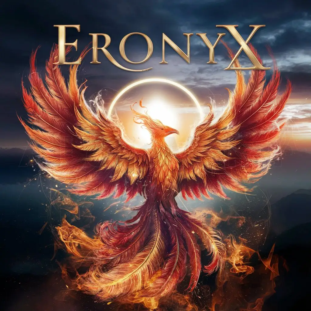a logo design,with the text "ERONYX", main symbol:Create a breathtaking and mythical image of a Phoenix rising from its ashes. The Phoenix should have vibrant, fiery feathers with a mix of red, orange, and gold hues. Its wings should be spread wide, showcasing intricate feather details, and it should be surrounded by swirling flames and sparks. The background should be a dramatic sky at dawn with a blend of deep blues and purples transitioning to the bright light of the rising sun, symbolizing rebirth and renewal. At the top of the image, incorporate the word 'Eronyx' in an elegant, bold font that complements the majestic and mythical theme of the Phoenix. The overall mood of the image should be majestic and awe-inspiring, capturing the legendary essence of the Phoenix and highlighting the name 'Eronyx' prominently.,Moderate,be used in Others industry,clear background