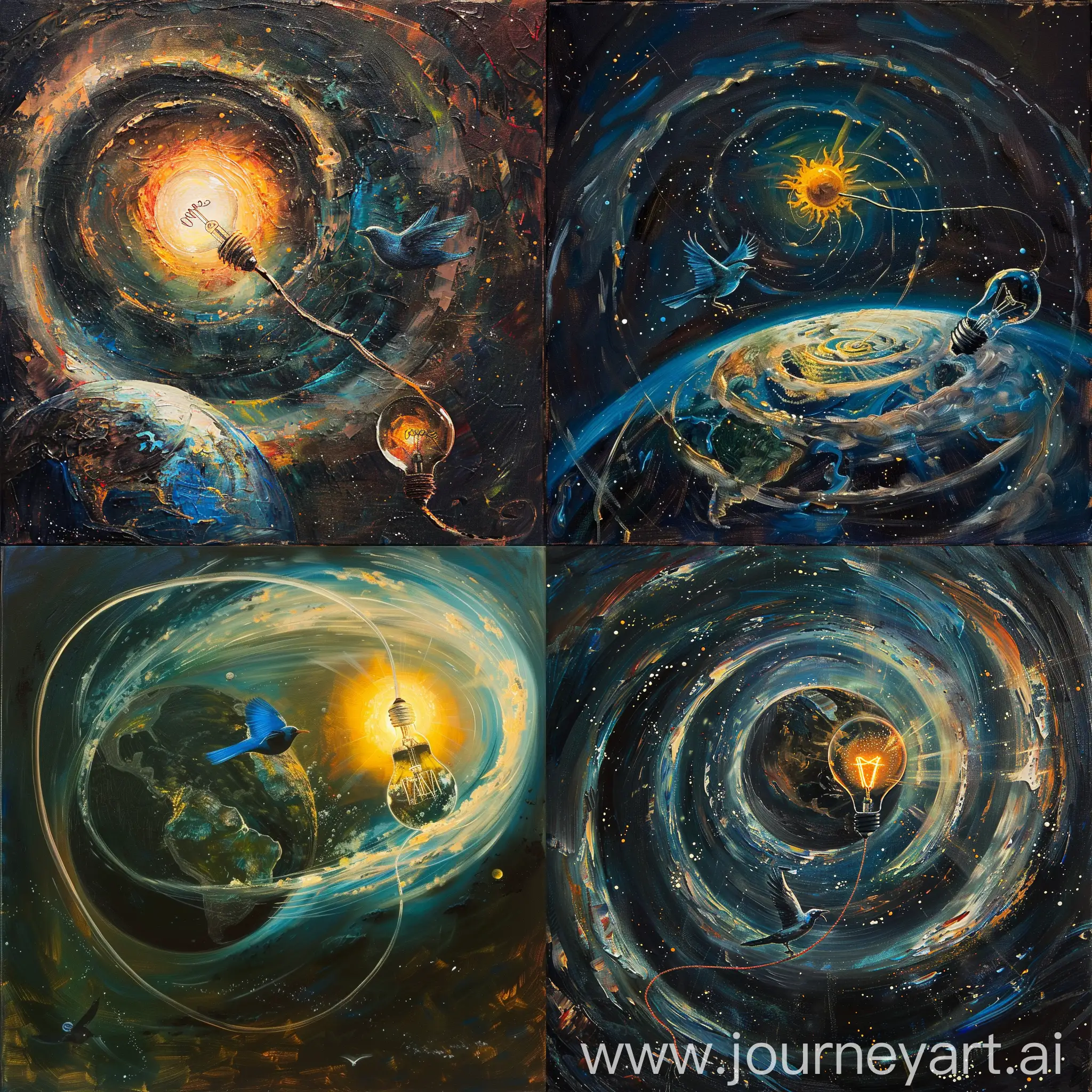 /imagine promt:
in outer space, planet Earth.
An umbilical cord stretches from the planet in a spiral towards the Sun.
The sun is symbolically depicted in the form of an electric light bulb.
Inside the light bulbs, a miniature Bluebird is beating against the glass.
In Renaissance style.
Oil paints, expressive brushstroke technique.
--ar 16:9