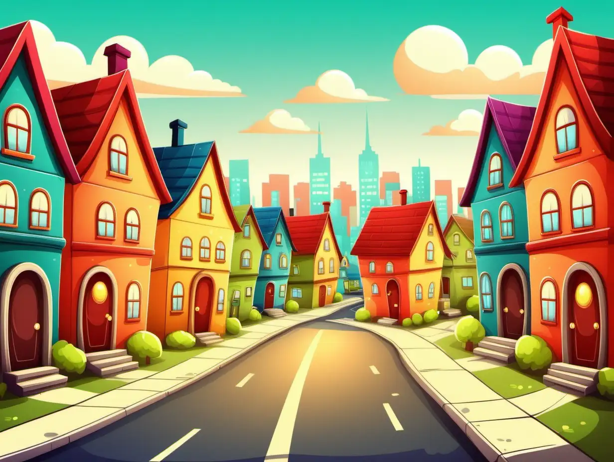 Cheerful Cartoon Neighborhood Scene with Vibrant Colors