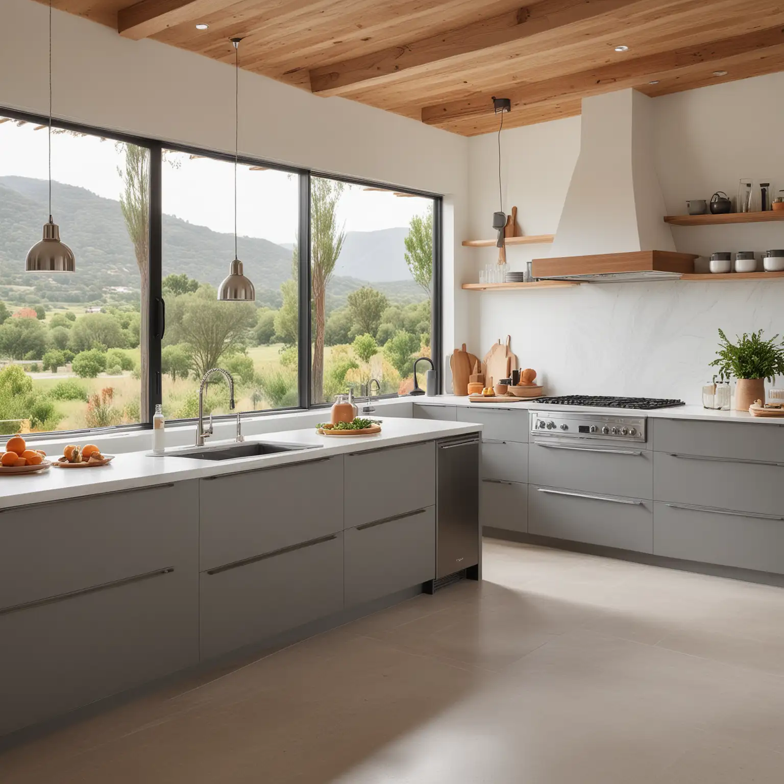 a very long distance wide shot of a modern kitchen Embraced by a panoramic view of rolling hills, this kitchen showcases matte grey, handle-less cabinetry and white Corian countertops. Built-in stainless steel appliances offer functionality without compromising on style, while open wooden shelving adds a natural element. The neutral color palette with a splash of orange reflects the surrounding landscape's warmth, complemented by pendant lights over the island for focused illumination. Rustic clay pots and woven baskets introduce an organic feel, blending seamlessly with the kitchen's sophisticated simplicity.
