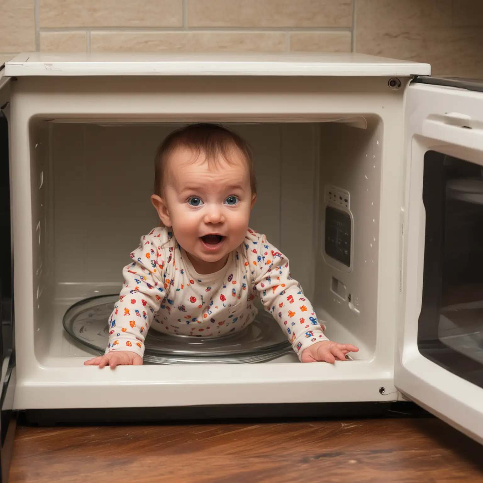 Cute Infant Playing PeekaBoo in a Modern Kitchen Appliance