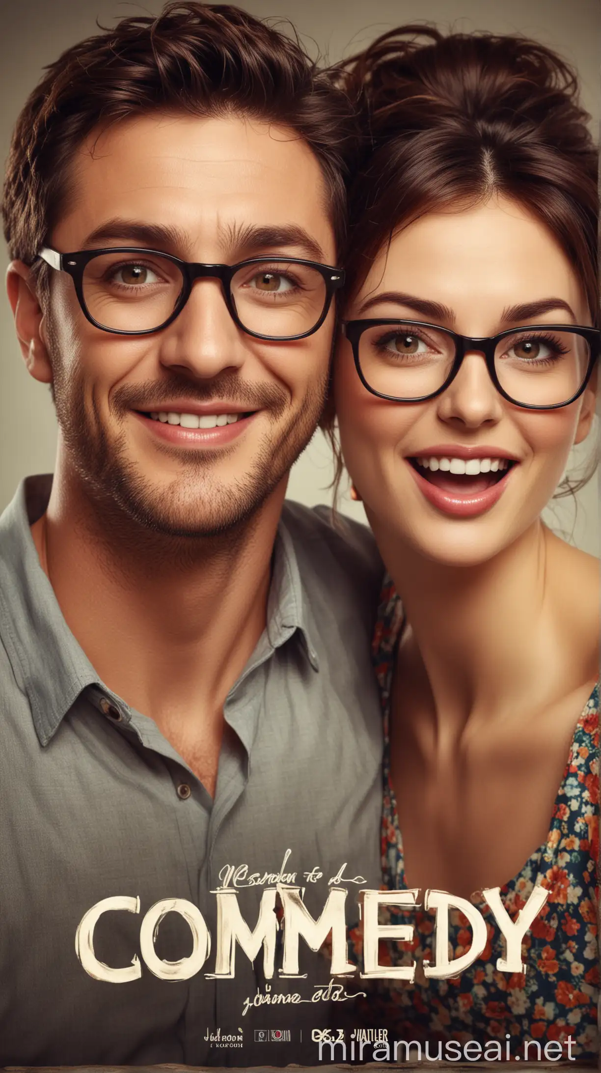 Casual Dress Sensual Woman with Glasses and Handsome Man for Comedy Movie Banner