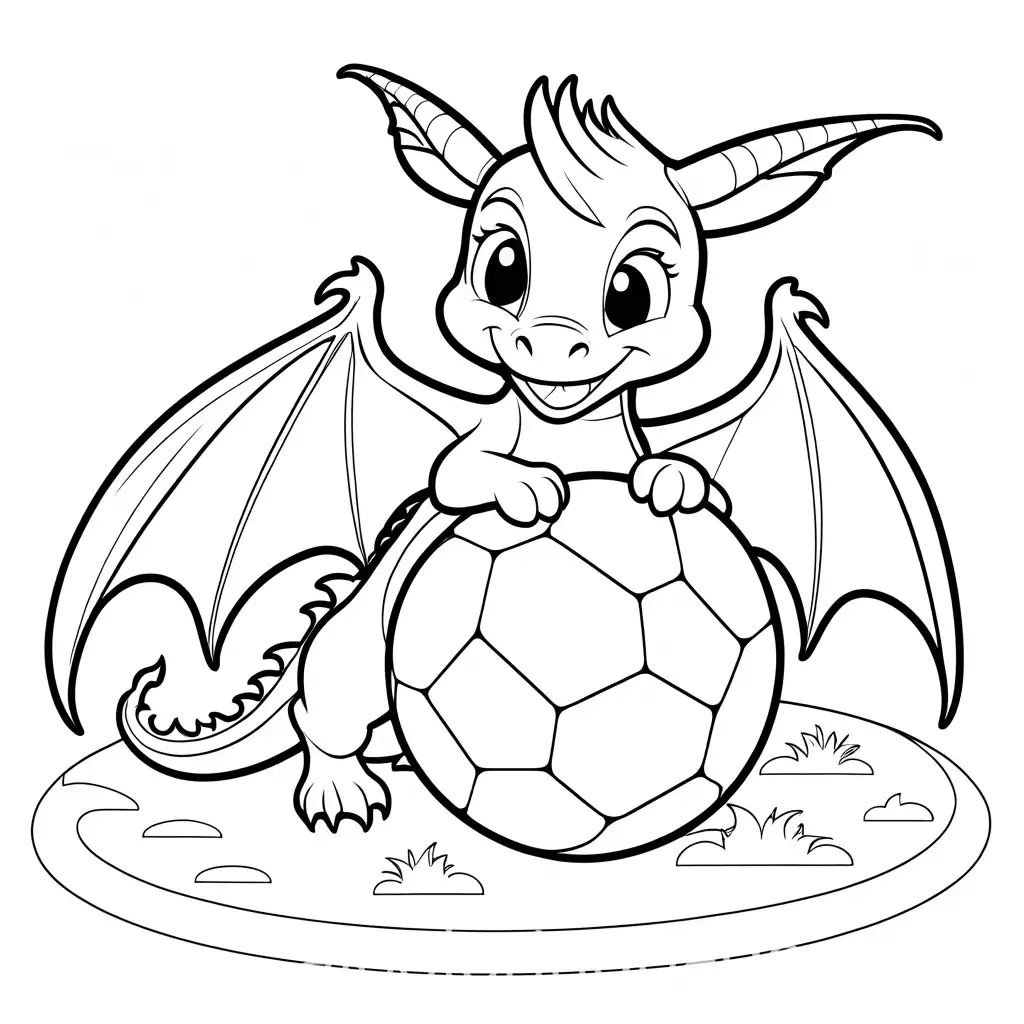 dragon playing with a ball. black and white, coloring page, not realistic, easy to draw, cute, Coloring Page, black and white, white background, Simplicity, Ample White Space. The background of the coloring page is plain white to make it easy for young children to color within the lines. The outlines of all the subjects are easy to distinguish, making it simple for kids to color without too much difficulty, Coloring Page, black and white, line art, white background, Simplicity, Ample White Space. The background of the coloring page is plain white to make it easy for young children to color within the lines. The outlines of all the subjects are easy to distinguish, making it simple for kids to color without too much difficulty