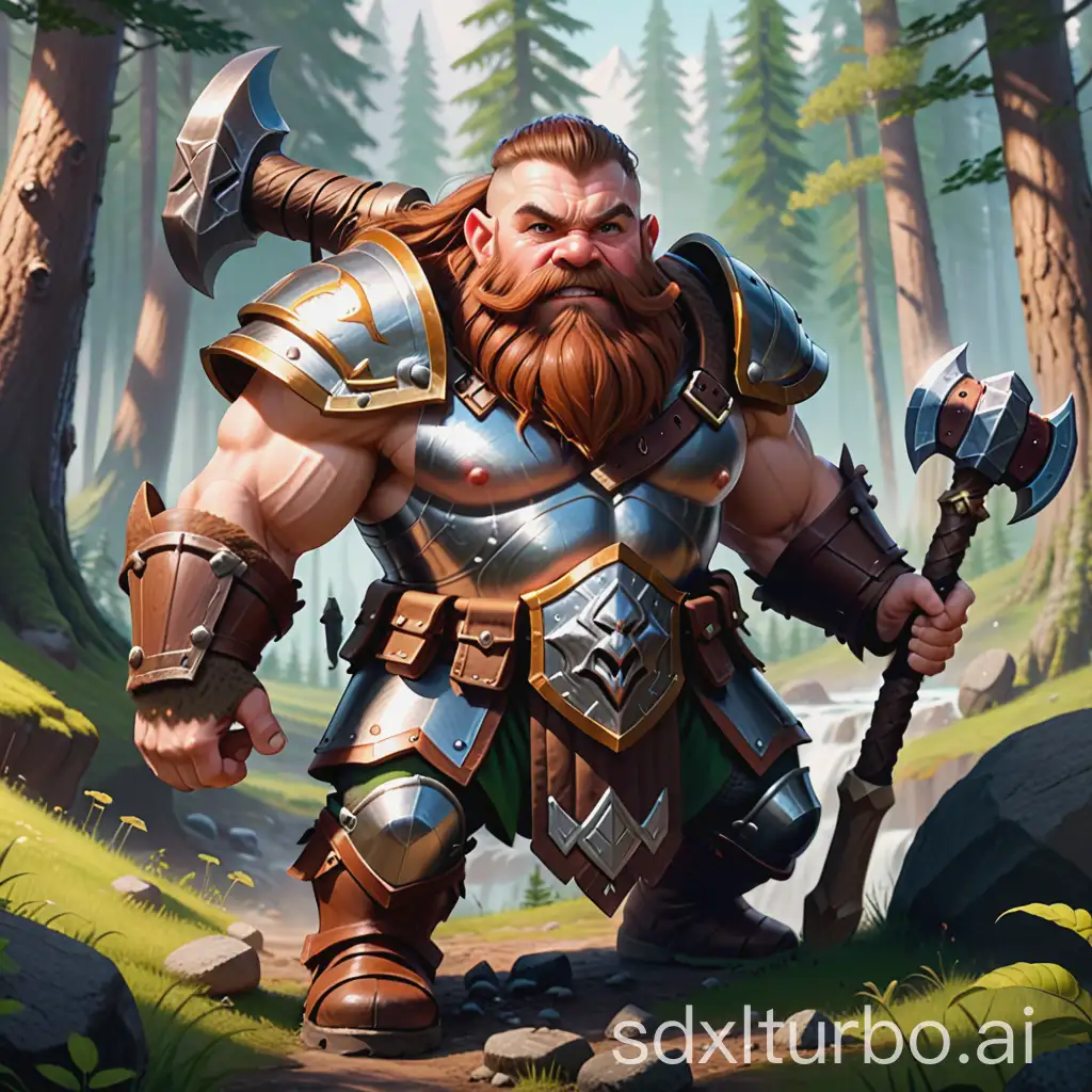 Mountain dwarf with brown hair, a full armor and battle hammer with forests in the backround