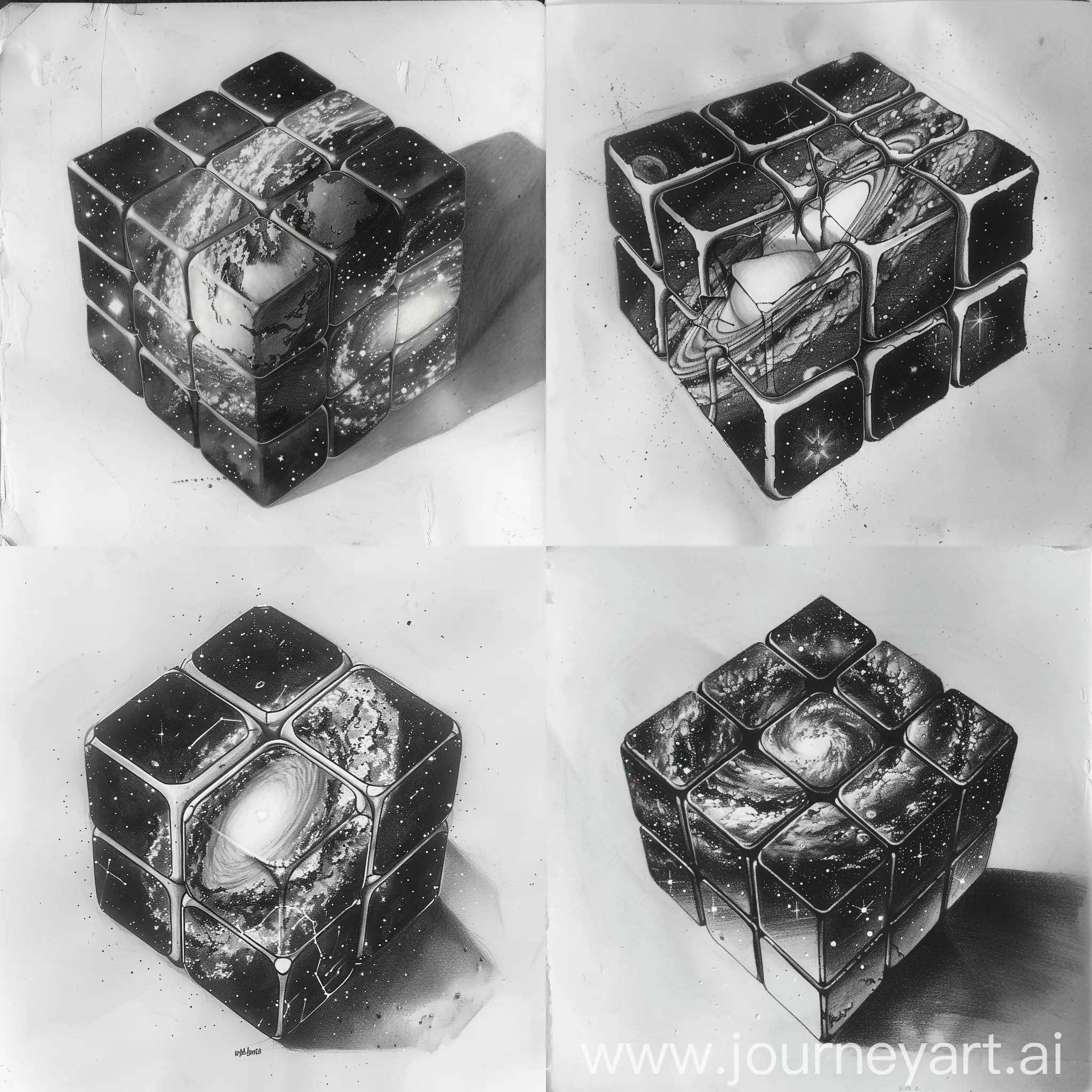 pencil drawing, black and white, galaxy, space system in the form of a Rubik's cube