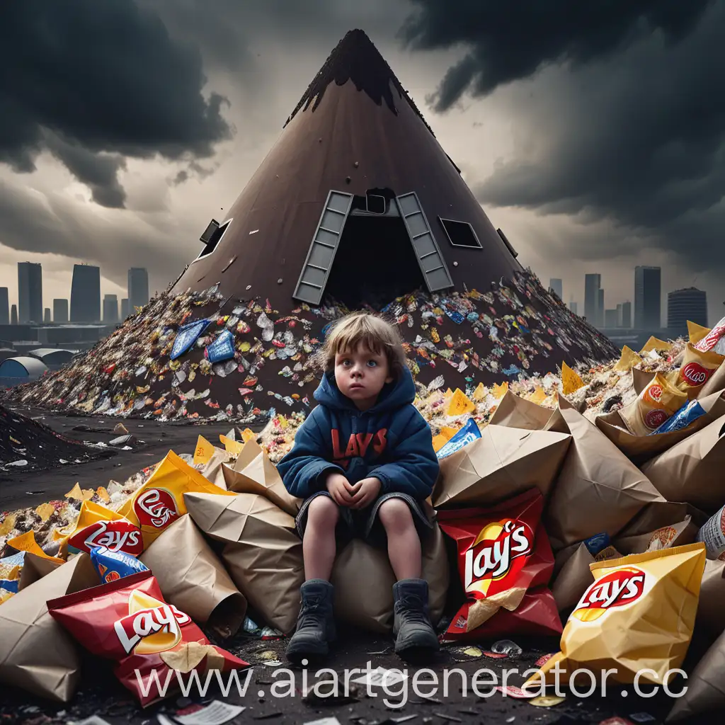 Апокалипсис, мрачная атмосфера ребенок сидит на огромной конусообразной свалке мусора. Мусор из пачек чипс  Lay's