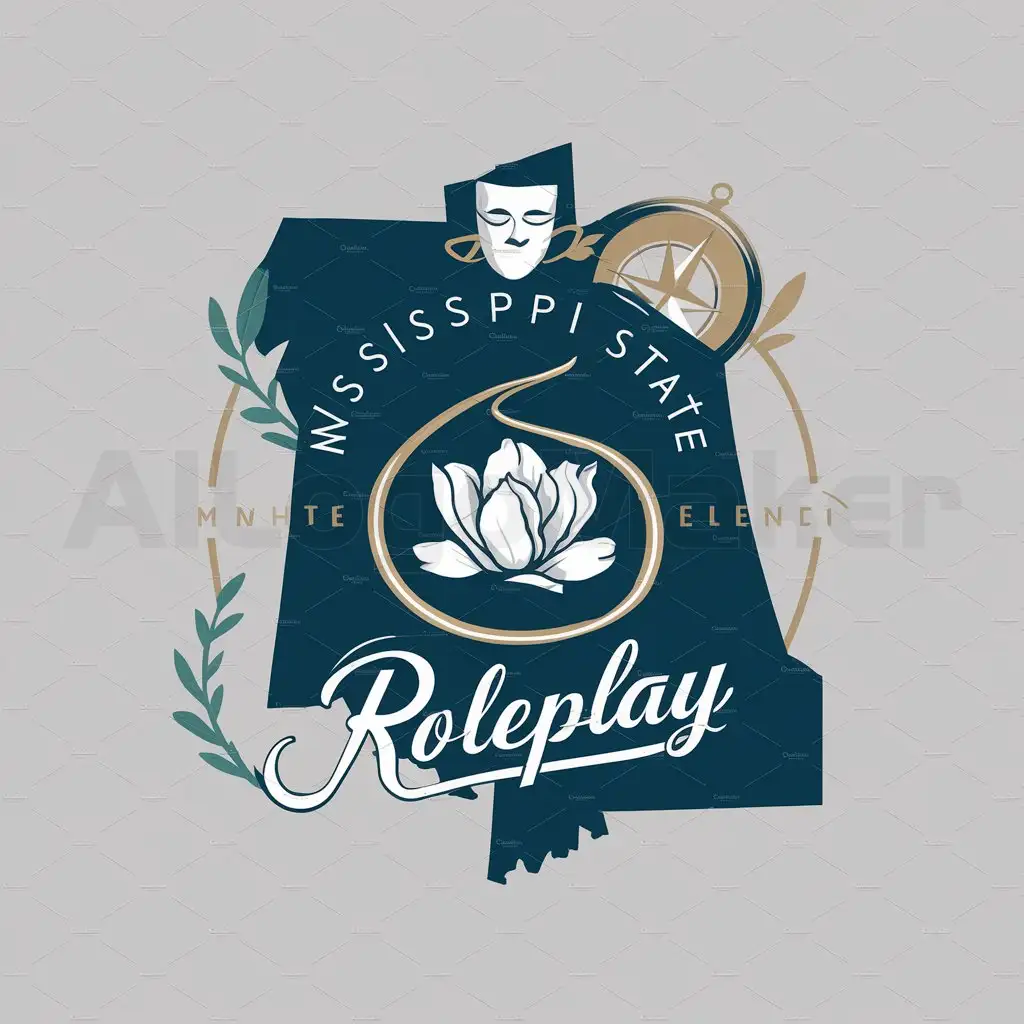 a logo design,with the text "Mississippi State Roleplay", main symbol:The logo should represent Mississippi State Roleplay. It should include the Mississippi River, Magnolia flowers or state outline as well as subtle symbols of role playing such as a map, compass, or theatrical mask. The color palette to use should have a range of deep blues and greens with hints of white and gold. Choose an elegant serif font for 'Mississippi State' and a playful or script font for 'Roleplay.' Ensure the design is symmetrical, scalable, and it should be Modern.,Moderate,clear background