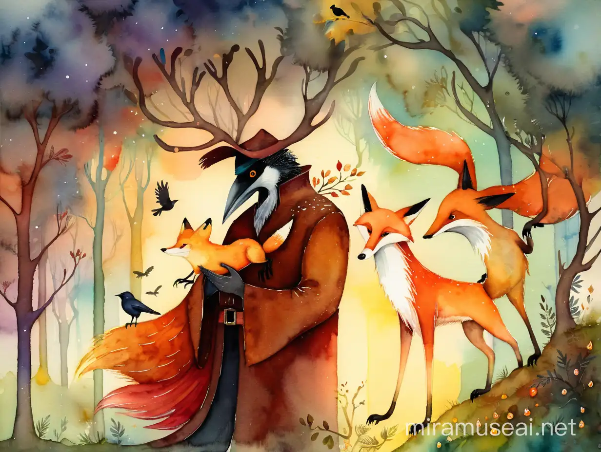 Enchanted Forest with Crow and Fox Watercolor Illustration by Alexander Jansson