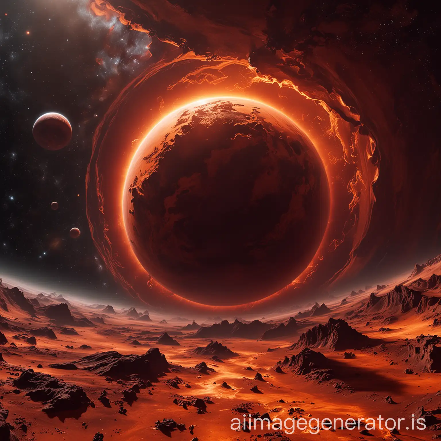 an overlook of a planet in space with Orange crust, Red flowing water, an Atmosphere similar to Earth's and a Faint Ring system