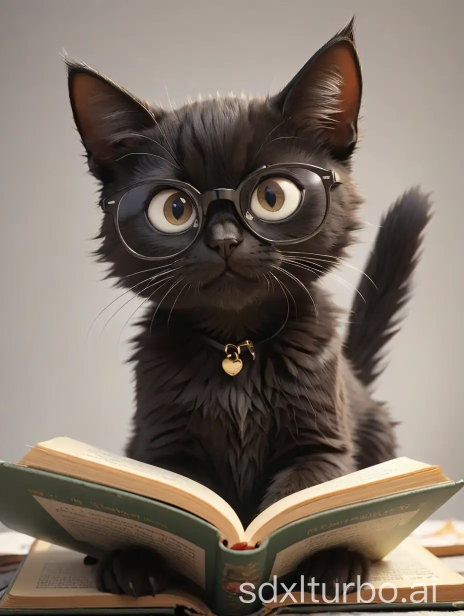 Cartoon-Black-Cat-with-Glasses-Reading-Book-on-White-Panel