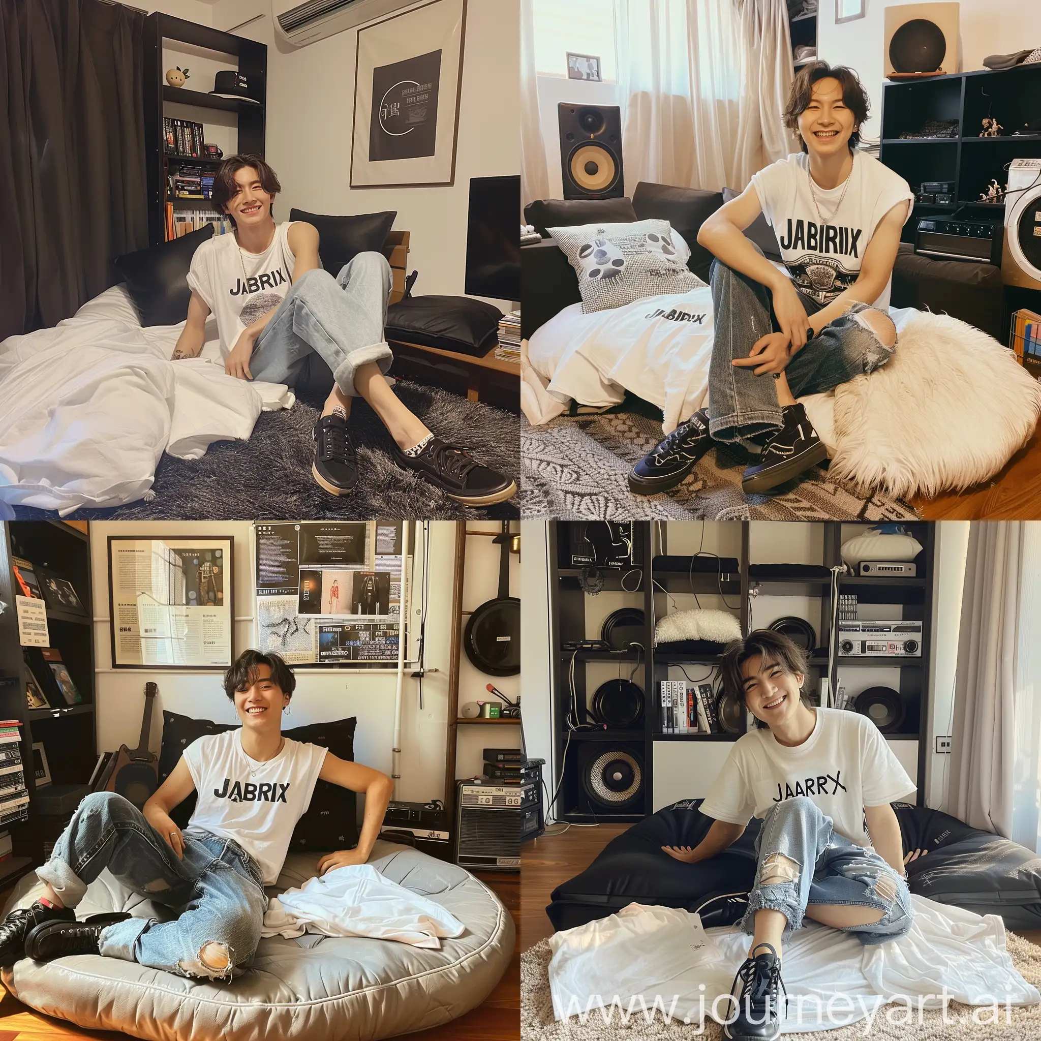 Funny-Taiwanese-Pop-Idol-in-Casual-Wear-Smiling-in-Bedroom-Setting