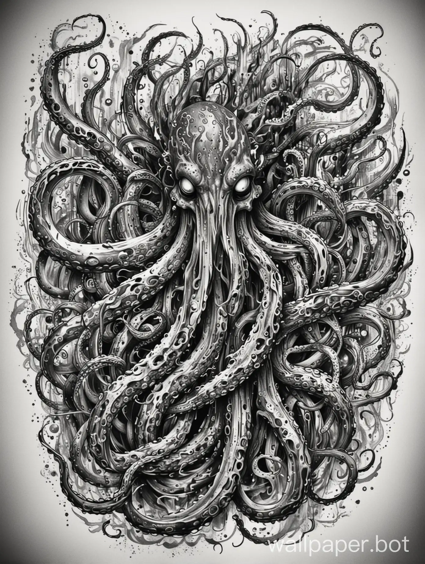 abstract tattoo illustration, abstract black tentacles in fire, monochromatic, black white, explosive tentacle effect, lineart , wonderful art