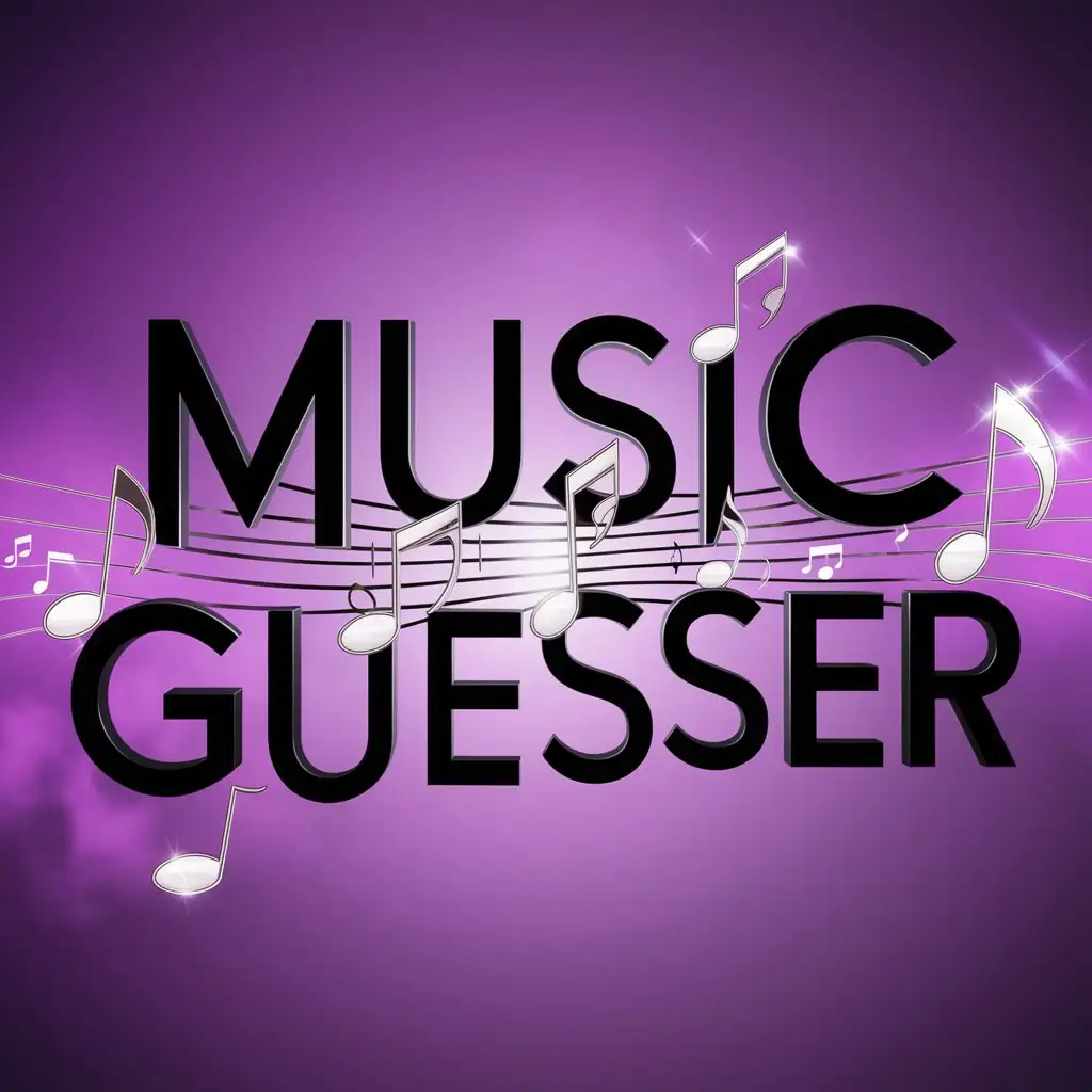 Надпись Music Guesser на фоне нот пурпурный цвет