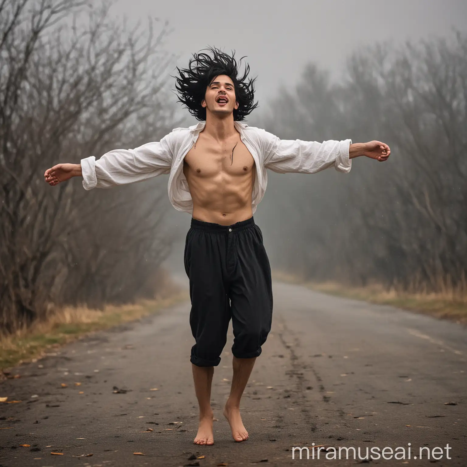 a snob who carries himself with his arms stretched forward, his chest in a wheel, his slippers falling off, his black hair on his chest and on his head blowing backward in the wind