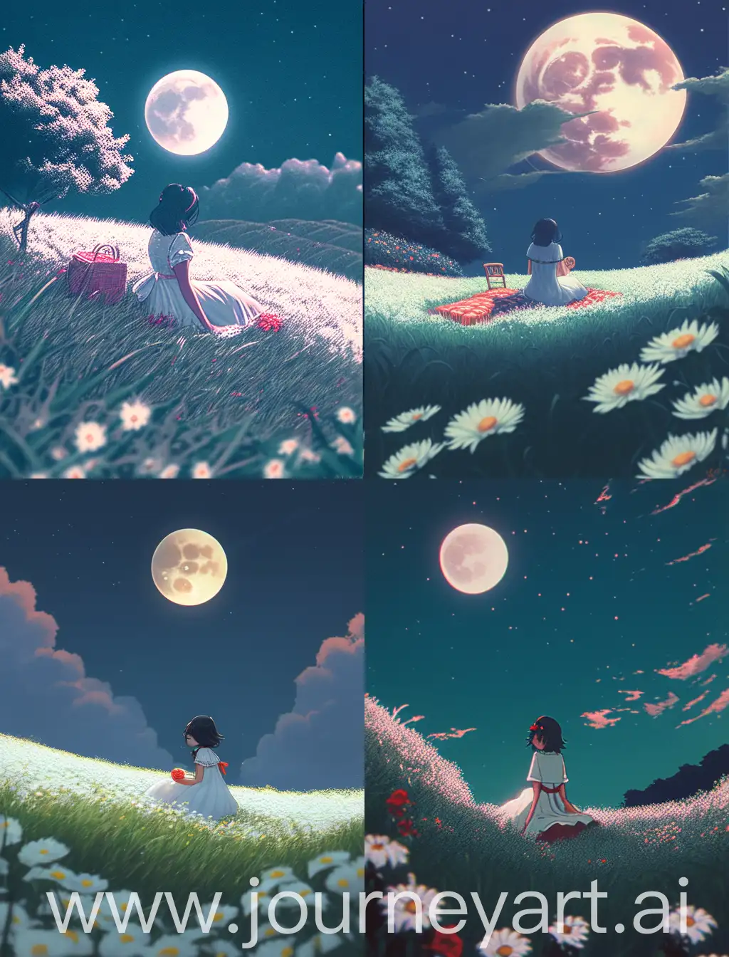 a curly black hair, white girl wearing white dress on a grass hill with Chamomiles sitting on Red and white checkered pattern picnic cloth watching moon on skies, dark night, moonlight,  cinematic, animation style