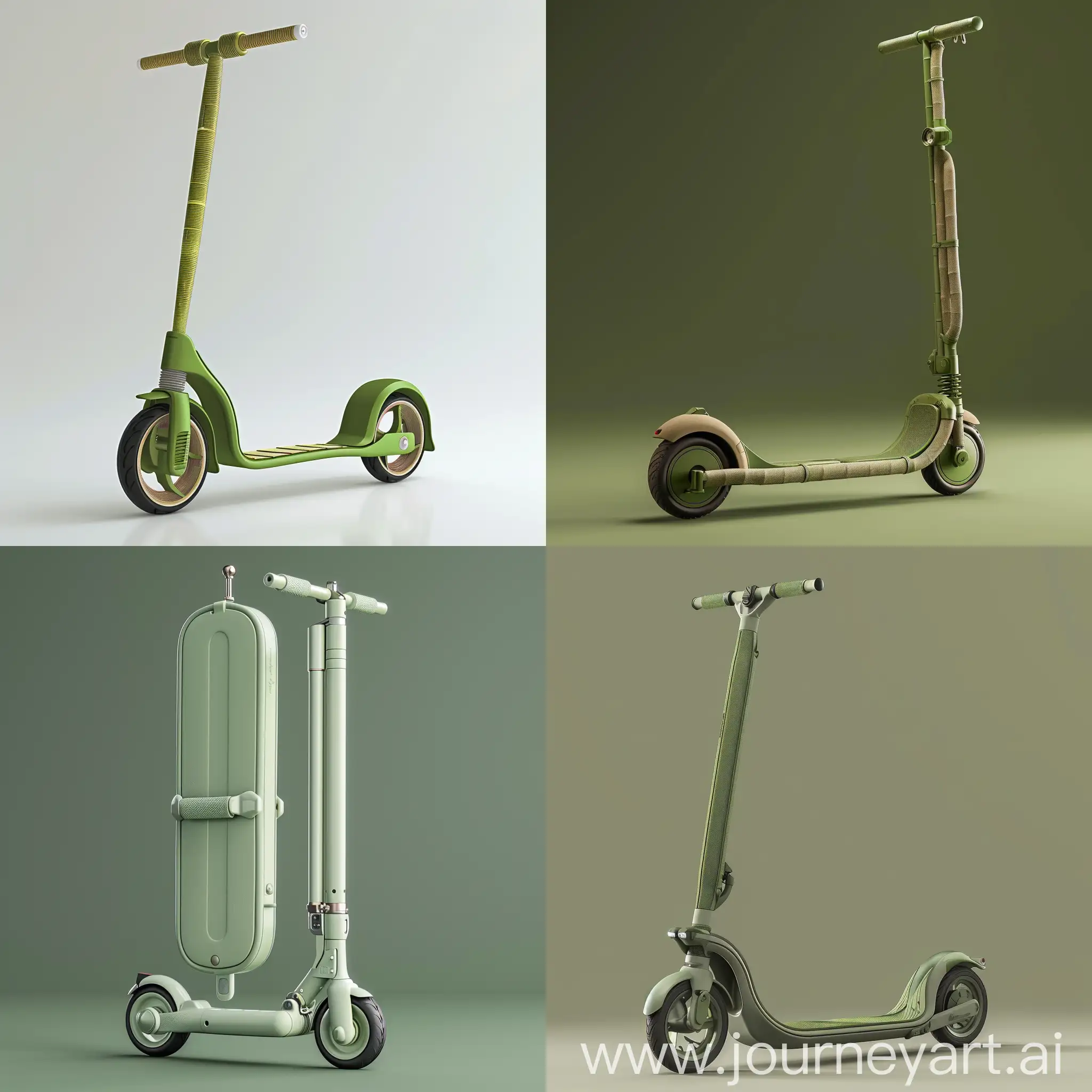 A futuristic, foldable eco-friendly scooter inspired by the characteristics of bamboo. When unfolded, it features a sleek, modern design with gentle curves and a matte green finish. The handle design is minimalistic and curved, inspired by bamboo leaves, made from lightweight aluminum. The footboard is a multi-segmented structure with a textured, non-slip surface, folding neatly into the main body. The scooter folds into a compact cylindrical shape with non-uniform cross-sections mimicking bamboo segments. The wheels are retractable, folding into the body to create a smooth, unified form. The scooter is made of sustainable materials including recycled aluminum and eco-friendly composites. LED lights are integrated into the front and rear for visibility. It features spring-loaded locking mechanisms for the handles and footboard, and a carrying strap for easy transport. The design emphasizes both form and function, suitable for urban commuting, highlighting eco-friendliness and innovation.