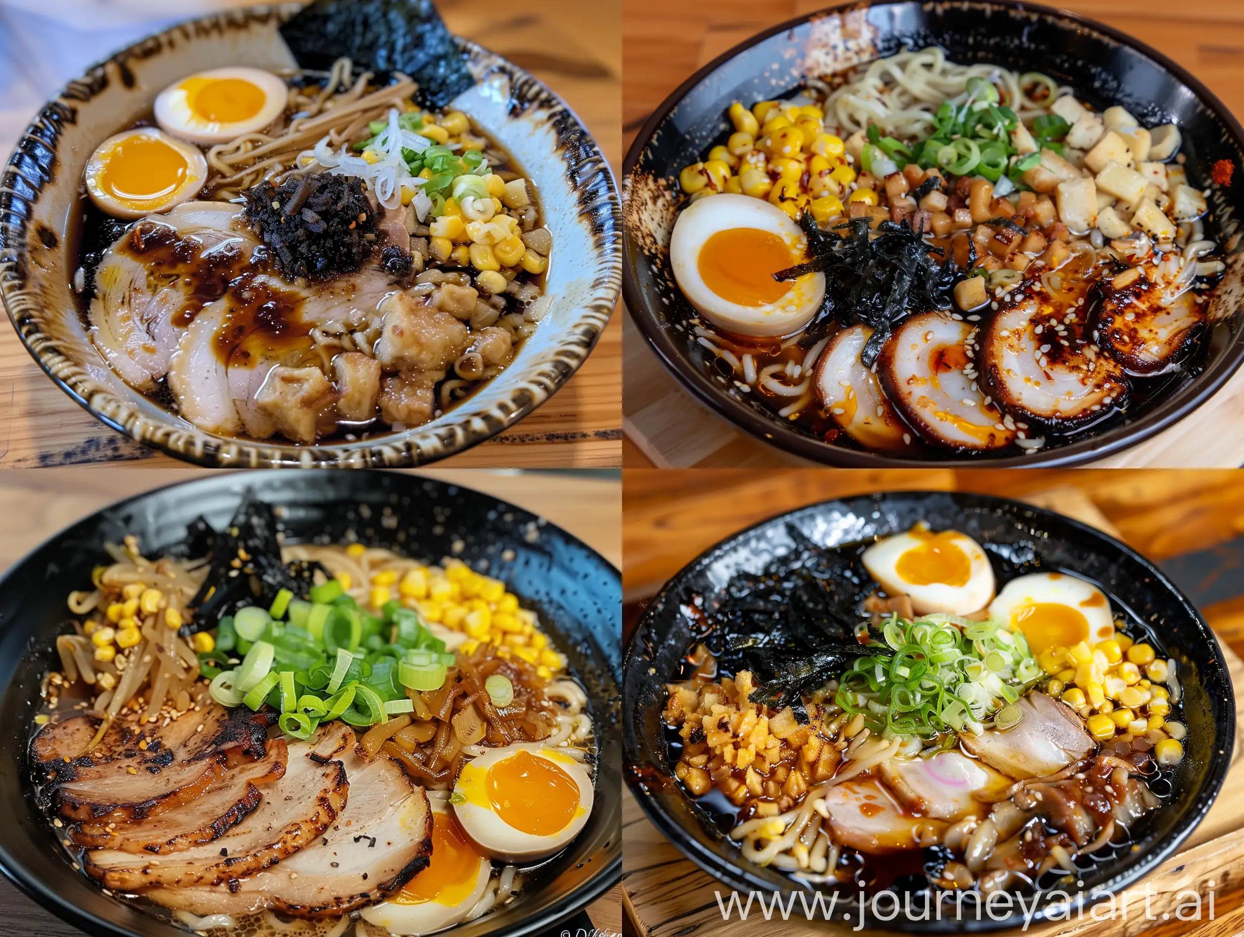 Black Garlic Oil Tonkotsu Ramen: Pork BBQ pork, bamboo shoots, fish cake, fungus, crushed fried onions, egg, spring onions, grilled seaweed on the side. Small Shanghainese: Pork barbecue, fungus, corn, loose egg, spring onion.