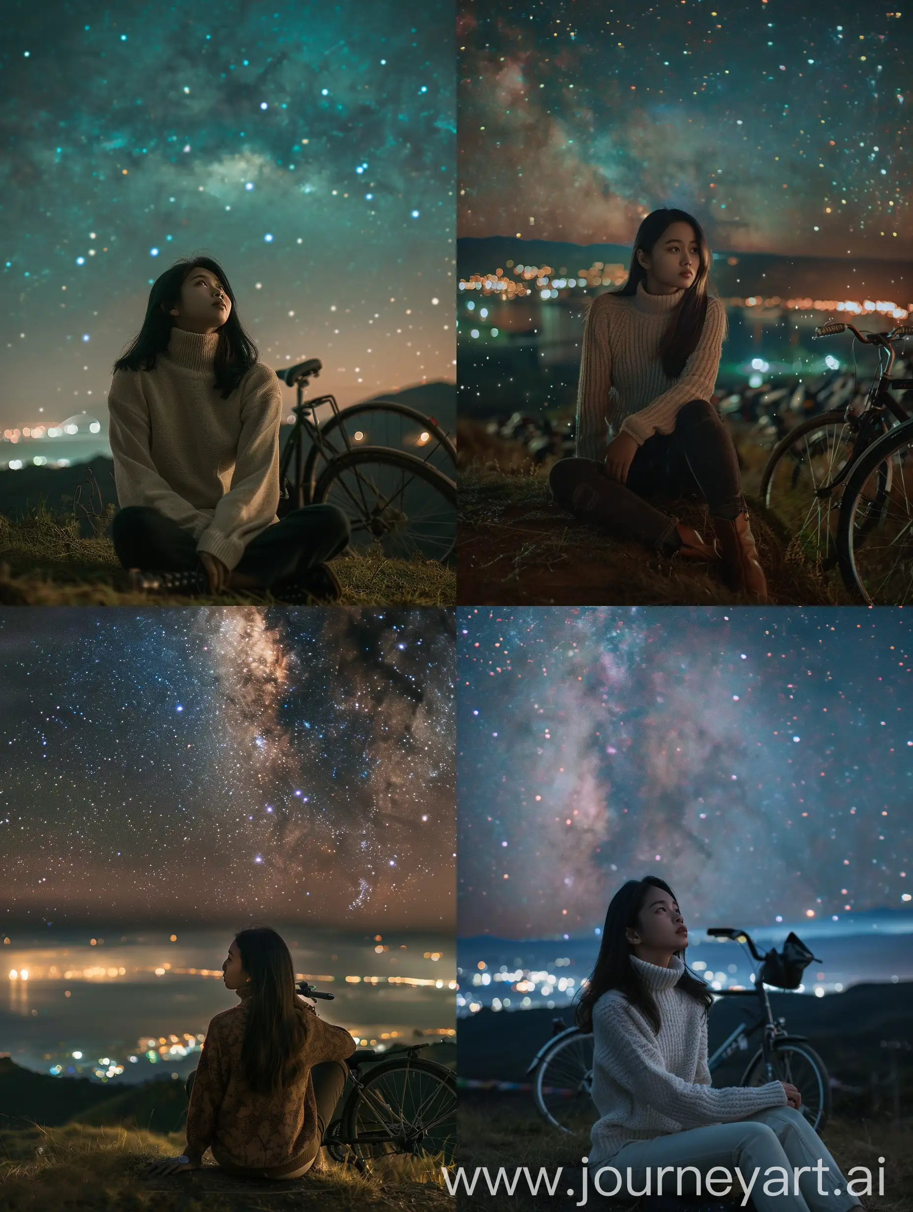 Indonesian-Woman-Sitting-Under-Starry-Night-Sky-with-Bike
