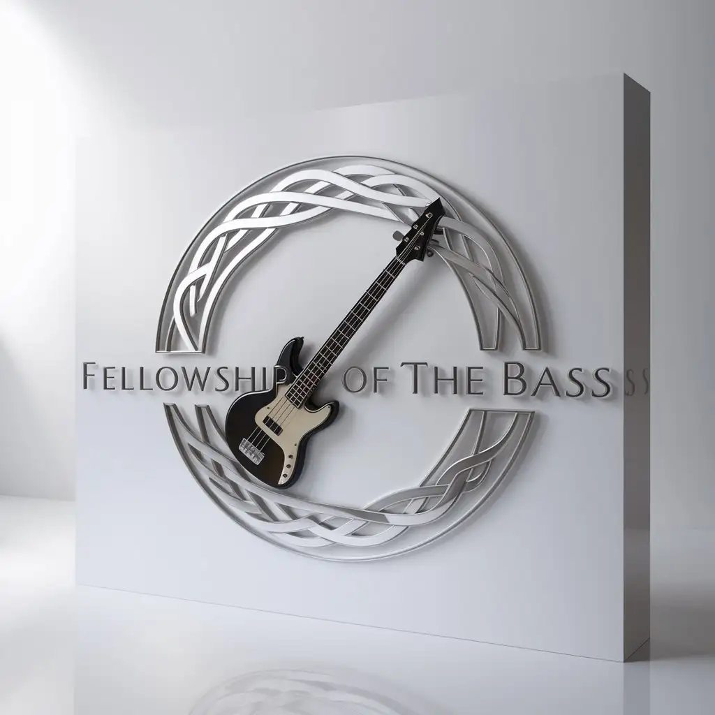 a logo design,with the text "Fellowship of the Bass", main symbol:On white background, flat image of celtic circle with an electric bass inside at an angle.,Minimalistic,clear background