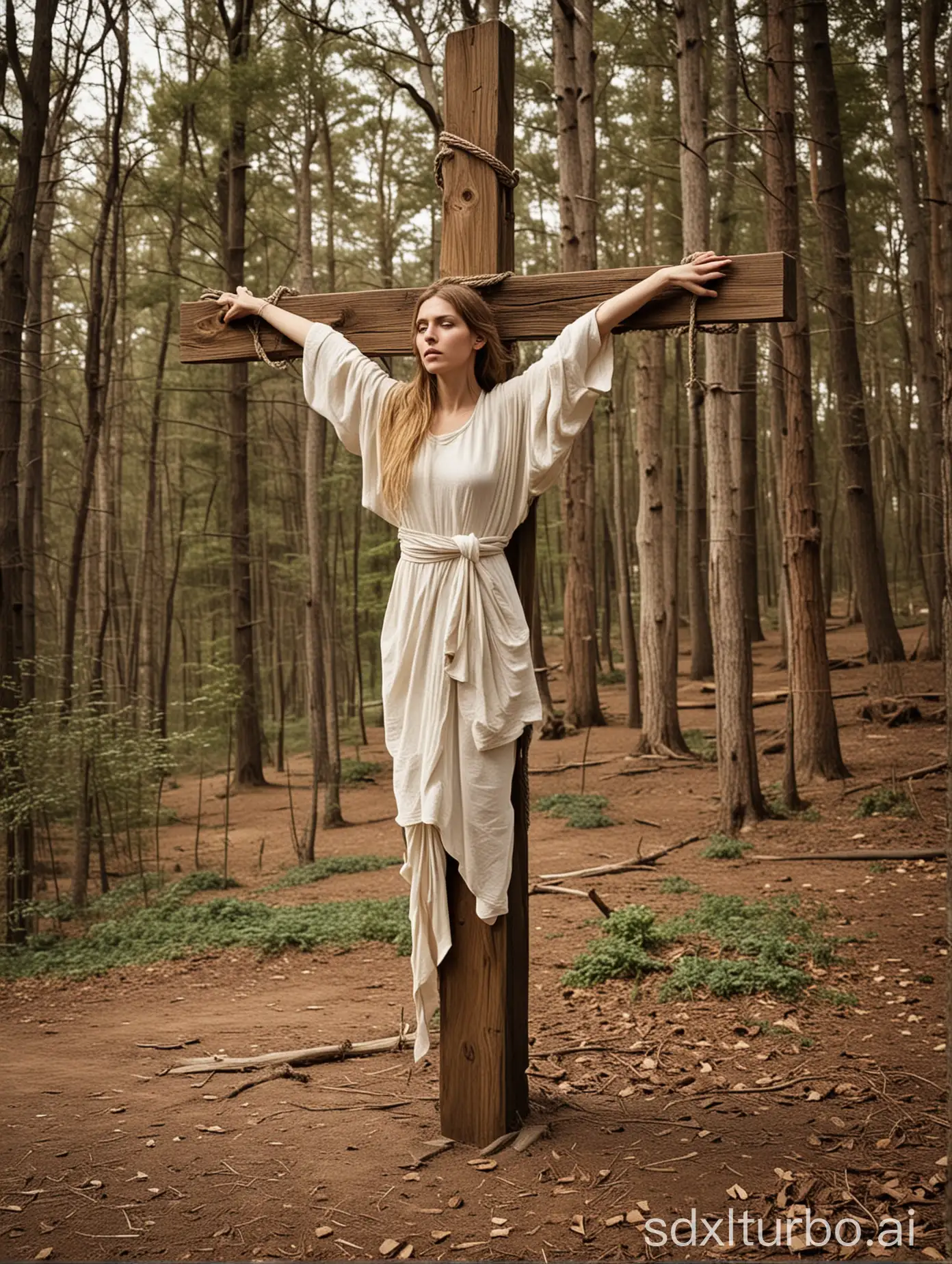 Woman-Tied-to-Giant-Wooden-Cross-for-Dramatic-Expression
