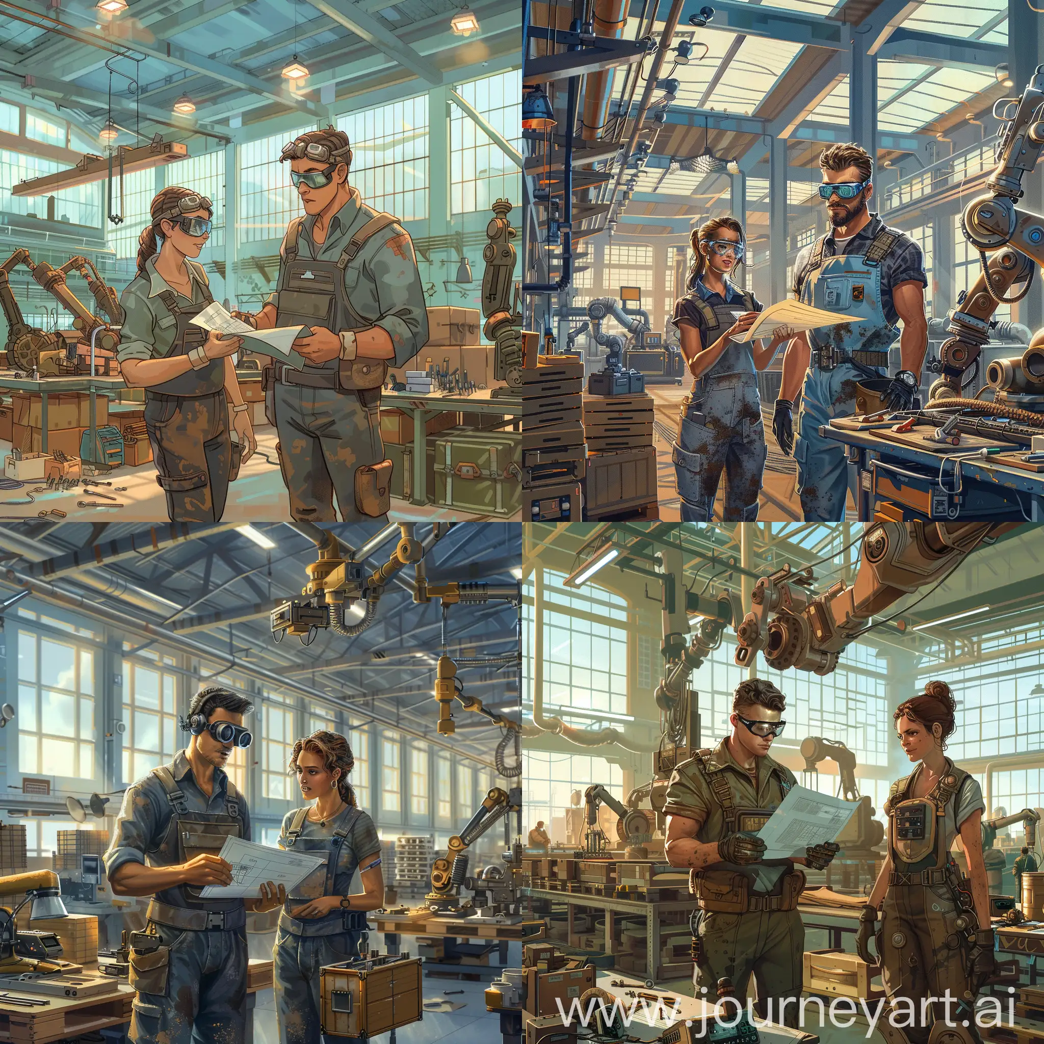 The factory has high ceilings and exposed steel beams, it is welllit, with long rows of overhead fluorescent lights casting a cold, bluish glow over the area. in the distance, tall stacks of wooden crates are visible, waiting to be filled and shipped. Large windows line the walls, offering a glimpse of a doudy sky outside  Background:  1. Main Character: Jake, a young and ambitious engineer in his late 20s, is standing at the forefront of the scene. He is wearing a pair of protective goggles and a dusty grease-stained overall. His face reflects a determined expression as he inspects a blueprint in his hands.  Characters:  2. Co-worker, Sarah, a skilled technician, stands beside Jake. She is in her sarly 30s, wearing a similar overall and holding a toolbox She looks focused and is pointing at something on the blueprint, engaging in a discussion with Jake  Objects:  Various industrial machinery fills the factory, including a large mechanical assembly line that stretches across the room. Conveyor belts are moving transporting partially atsernbled components, and robotic arms are performing precise tasks. There are tool stations scattered around the area with wrenches, screwdrivers, and other tools neatly arranged.