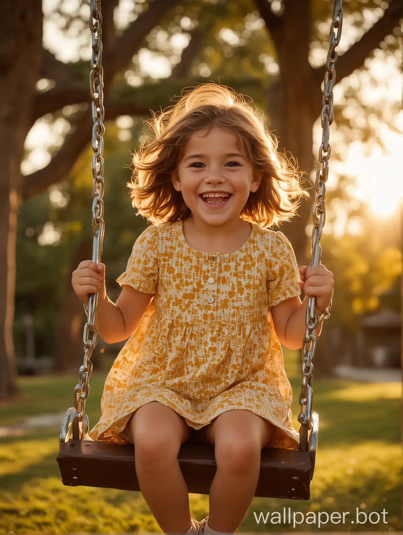 Realistic, extremely detailed photo of a child with brown hair swinging on a swing in a park at sunset, cheerful and smiling, warm golden light, (sunset glow), ((lively atmosphere)), detailed facial expressions, ((dynamic motion)), ((soft bokeh)), professional DSLR camera, 135mm lens, Fujifilm Velvia 50, photo by Steve McCurry, natural skin texture, (vivid colors), ((captivating composition)), joyous mood.