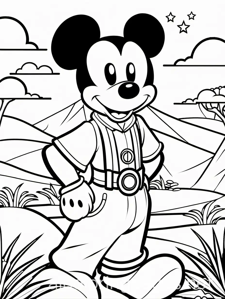 safari mickey, Coloring Page, black and white, line art, white background, Simplicity, Ample White Space. The background of the coloring page is plain white to make it easy for young children to color within the lines. The outlines of all the subjects are easy to distinguish, making it simple for kids to color without too much difficulty, Coloring Page, black and white, line art, white background, Simplicity, Ample White Space. The background of the coloring page is plain white to make it easy for young children to color within the lines. The outlines of all the subjects are easy to distinguish, making it simple for kids to color without too much difficulty