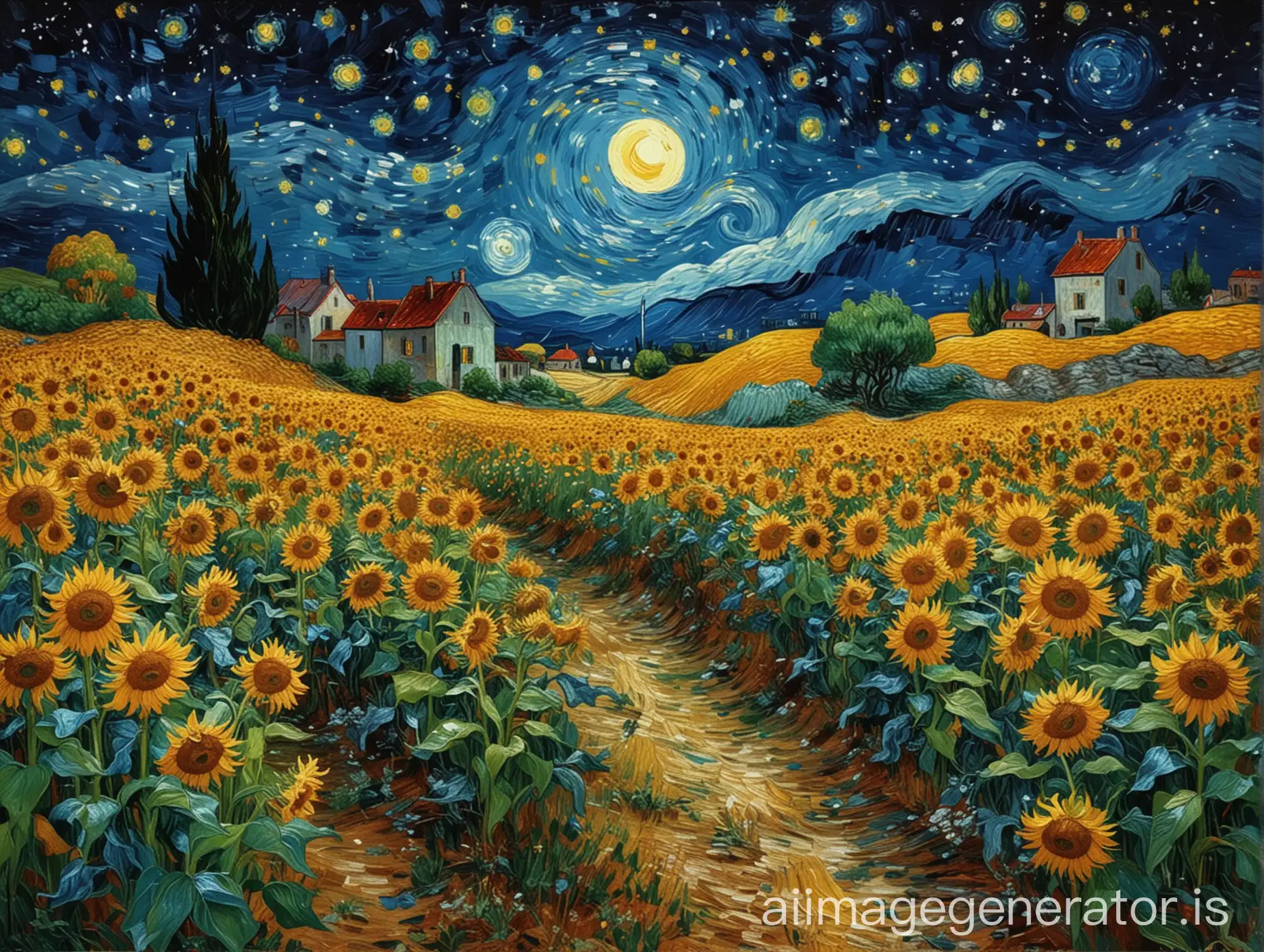 Impressionist-Sunflower-Field-under-Starry-Night-Skies