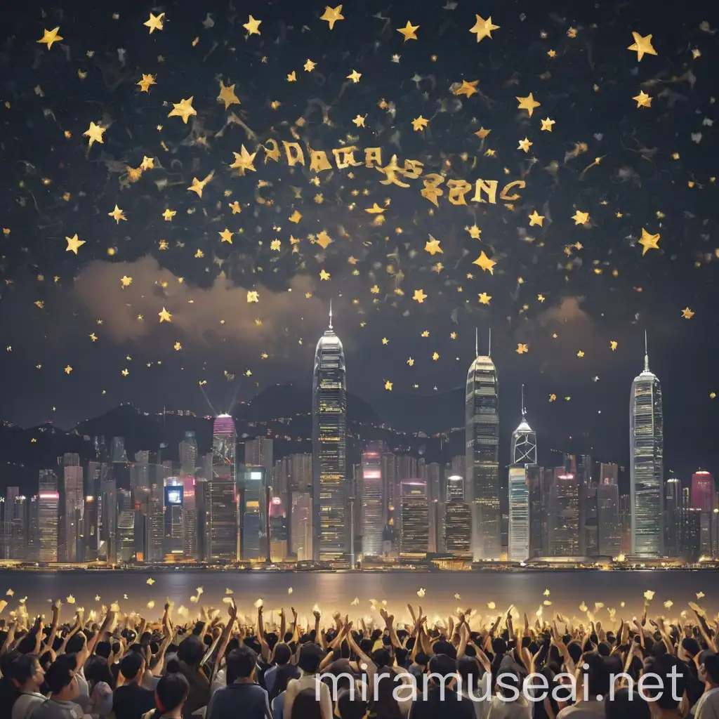 The image depicts a dynamic Hong Kong skyline under a starry night, with silhouettes of cheering attendees foregrounded. The event name "One-In-a-Million-Dreamers-Nite@Hong Kong" shines in golden letters, accompanied by celebratory graphics.