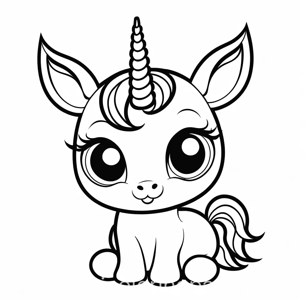 Baby unicorn with big round eyes 

, Coloring Page, black and white, line art, white background, Simplicity, Ample White Space. The background of the coloring page is plain white to make it easy for young children to color within the lines. The outlines of all the subjects are easy to distinguish, making it simple for kids to color without too much difficulty