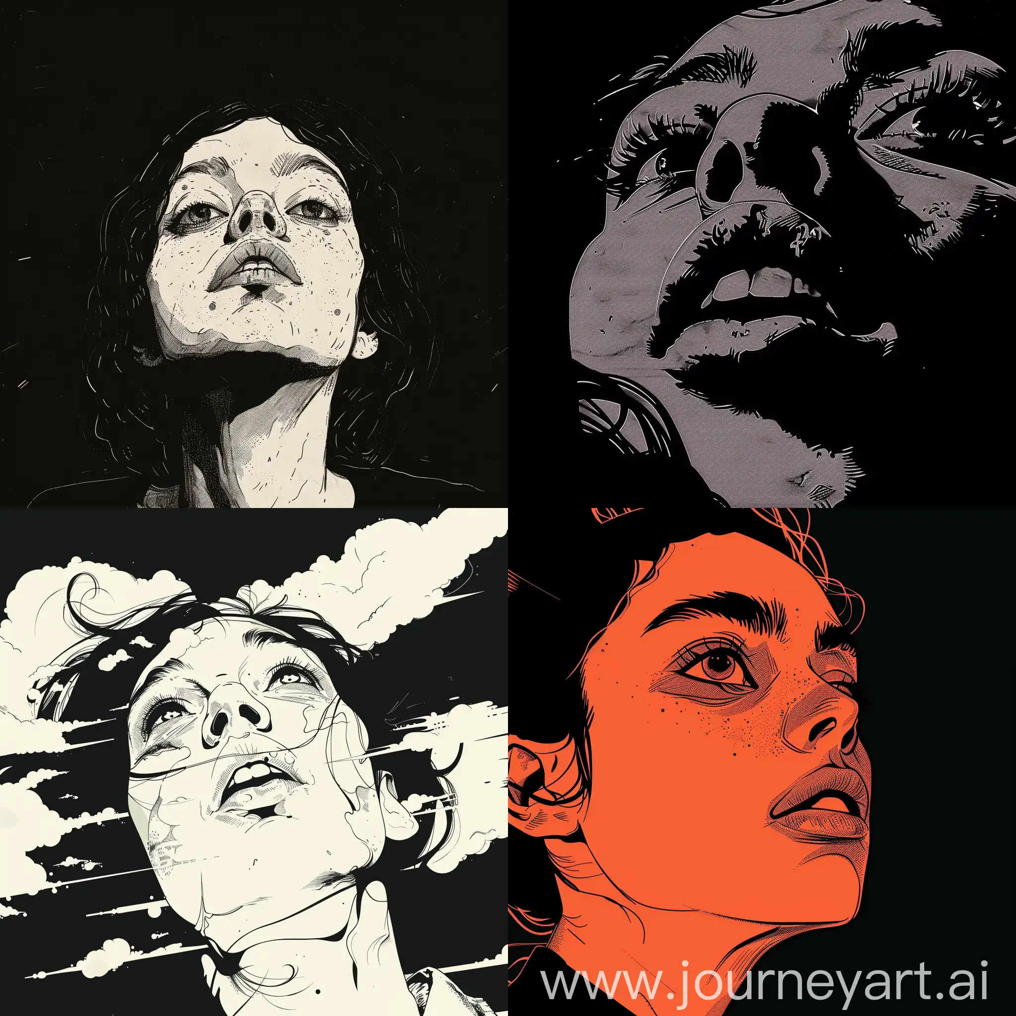 illustration of a cartoon caricature portrait woman, looking at me, symmetric eyes in the style of tomer hanuka, ad posters, roland topor, detailed skies, argus c3, januz miralles, heavy inking man in the style of Jae Lee,  black background
