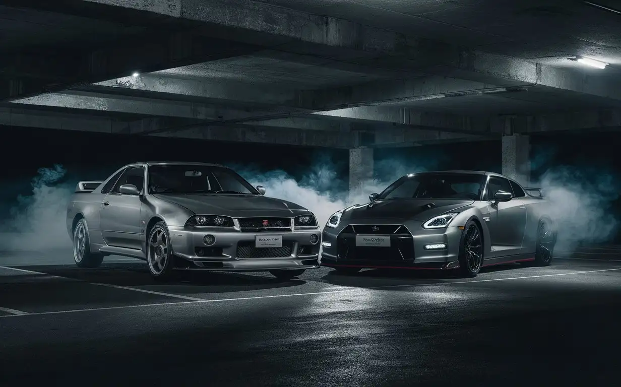 nissan skyline r32 and nissan gtr 
 in a dark and smokey parking garage
