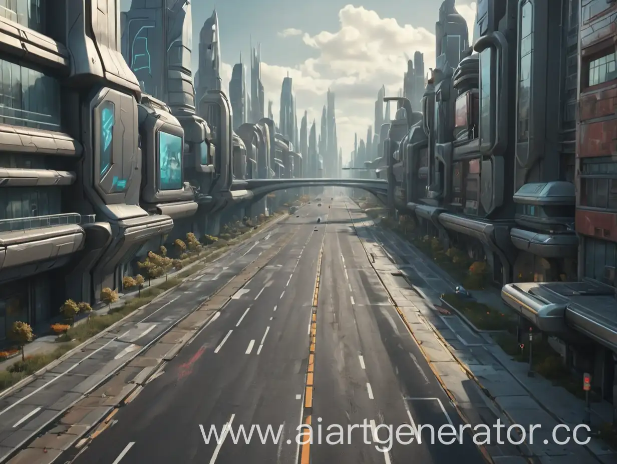 game style image with a road without cars in a futuristic city