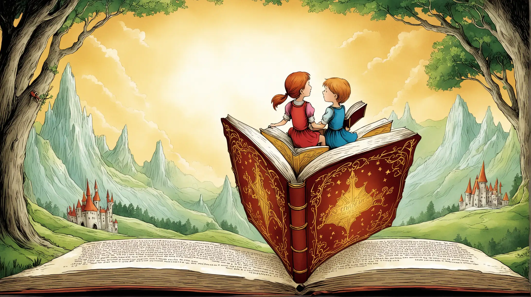 Children Riding Fairytale Book Adventure Magical Journey Illustration