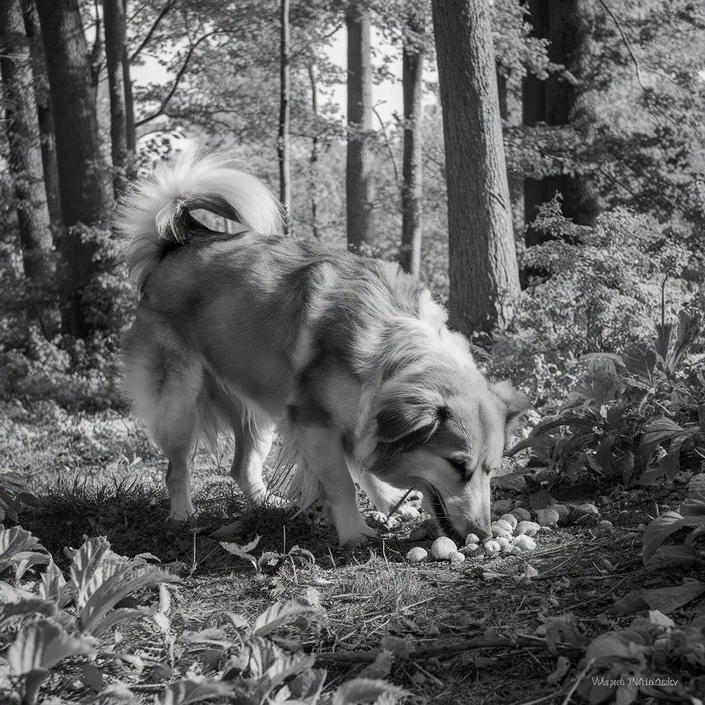 dog eating from the ground in a forest