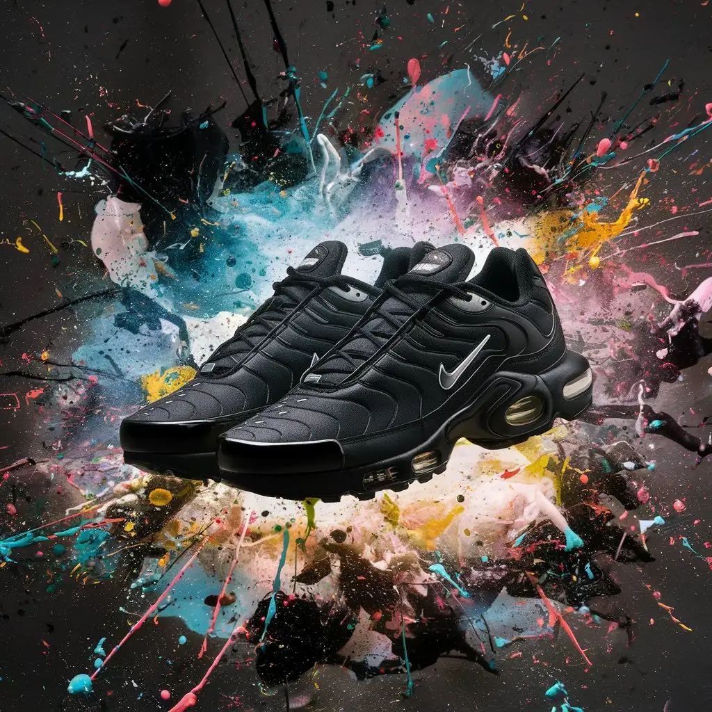 Nike-Air-Max-TN-Plus-Black-Sneakers-on-Paint-Sprays-Background