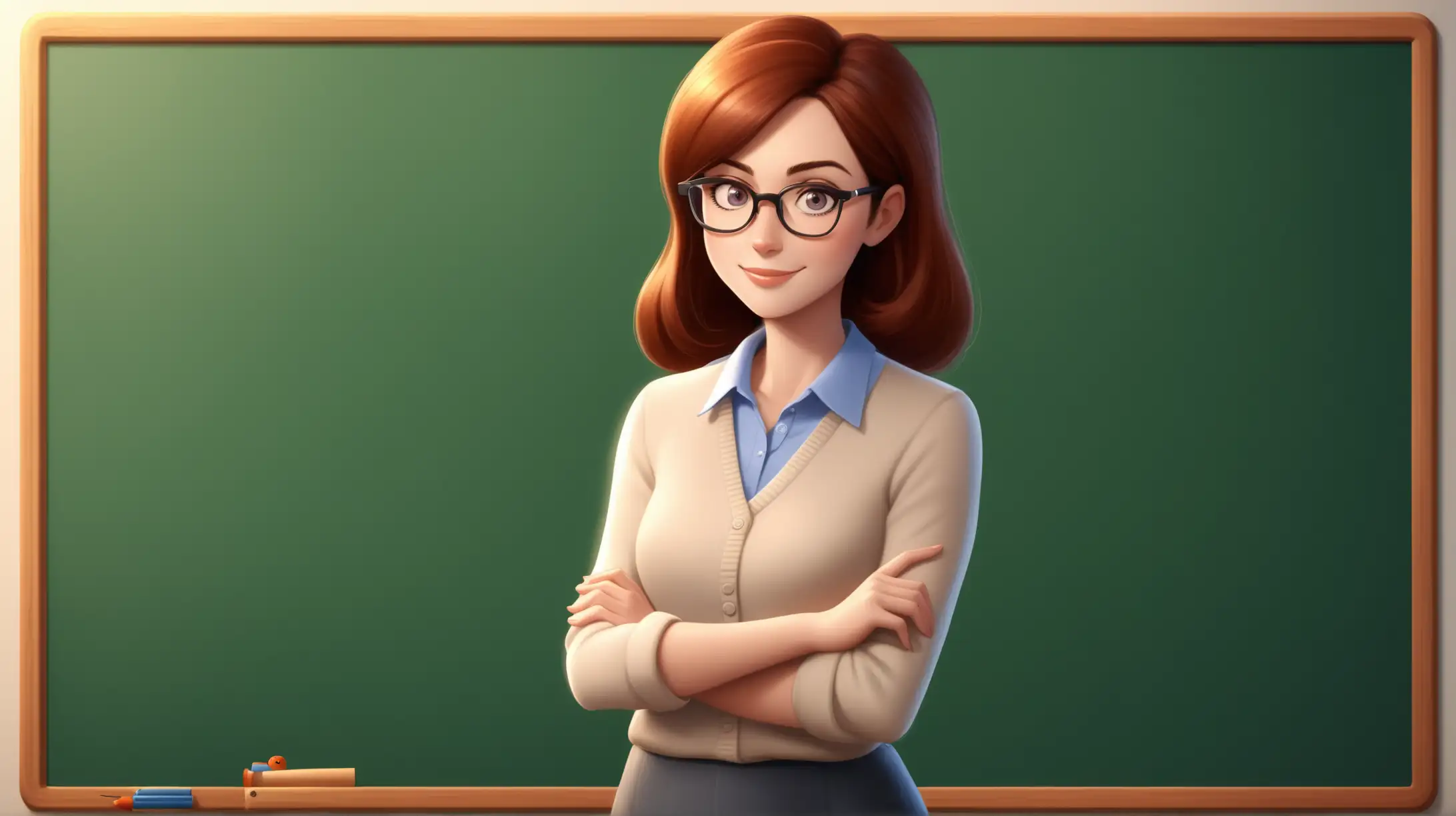 A GORGEOUS PIXAR STYLE FEMALE TEACHER,  IN FRONT OF A CLEAN BOARD, WEARING GLASSES AND A SOFT SMILE, 

