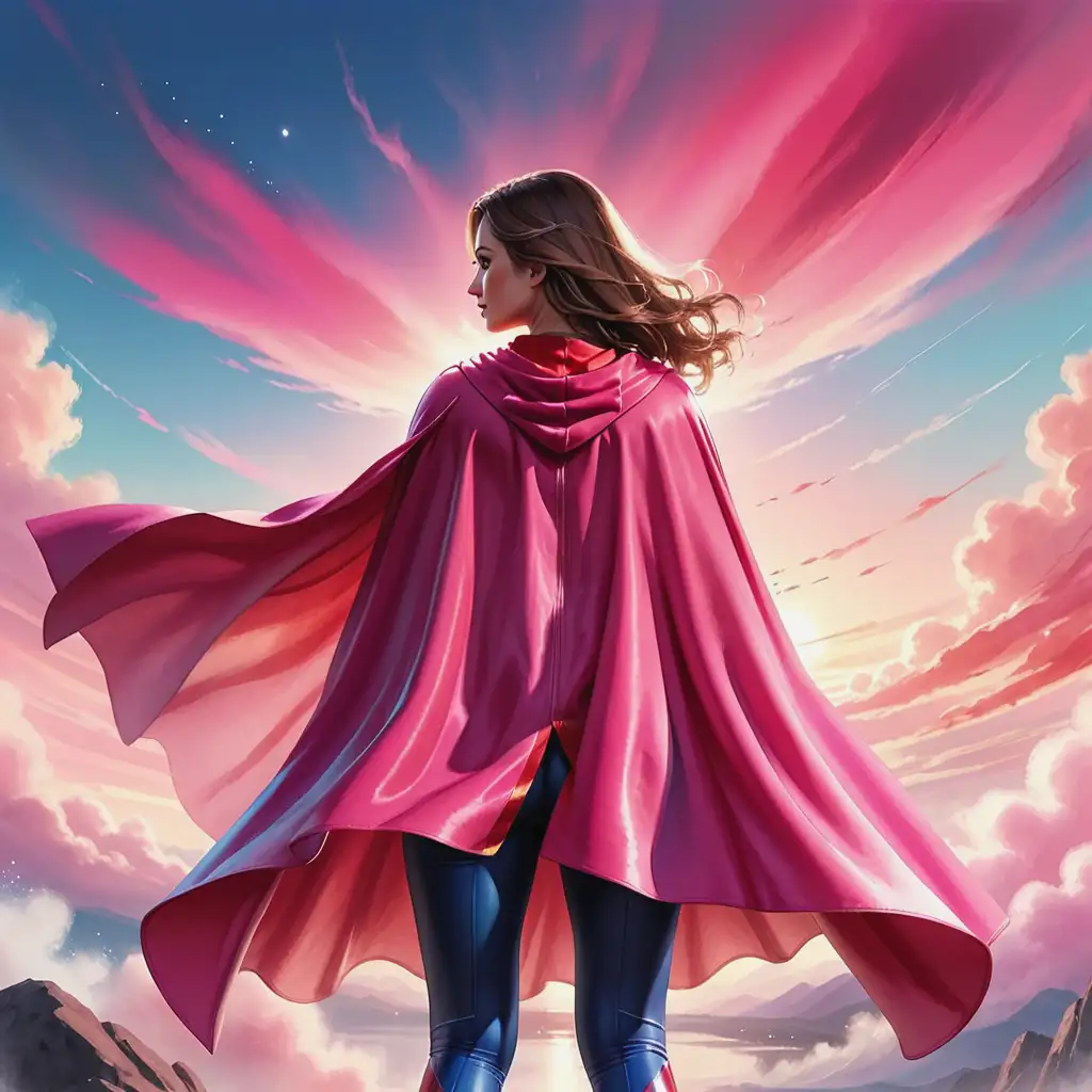 A cape of a female superhero in back view
in the colors pink red and pink, aquarell romantic atmosphere of the sky, high resolution