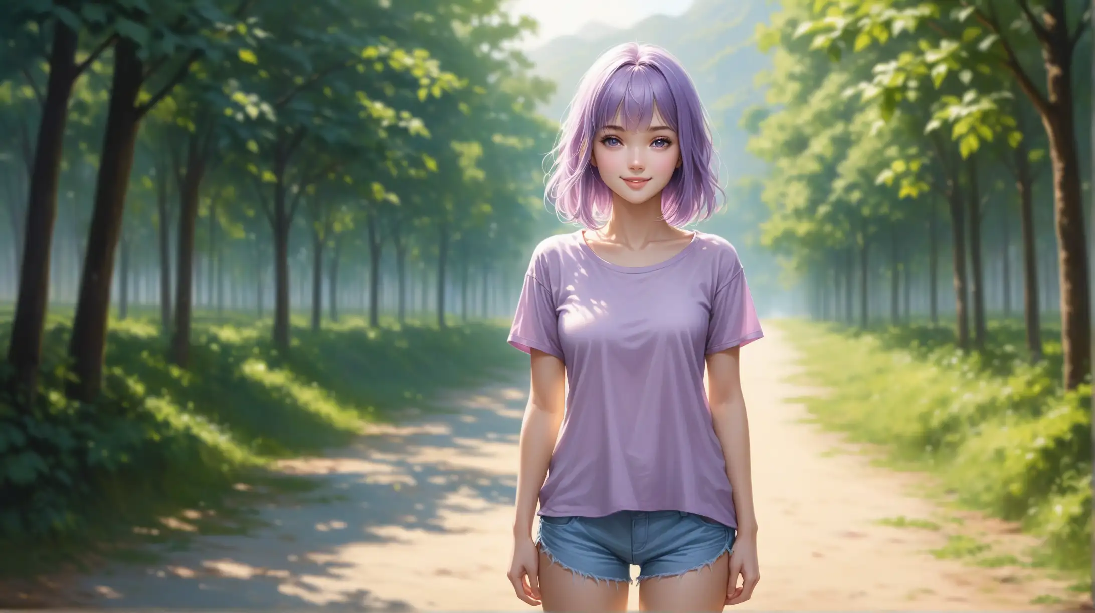 Seductive Woman with ShoulderLength Light Purple Hair Outdoors