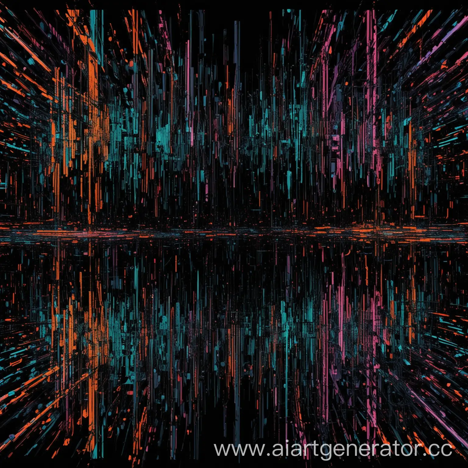 Абстрактный рисунок, созданный с помощью “гlitch”-эффекта, который отражает искажения и шум в матрице. Цвета: Черный и яркие неоновые цвета. Шрифт: Необычный, с эффектом “digital noise”, например, “Bungee” или “VT323”