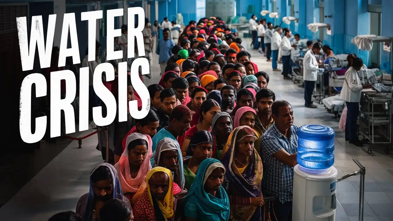 Indian Patients Queueing at Hospital Water Cooler Addressing Water Crisis