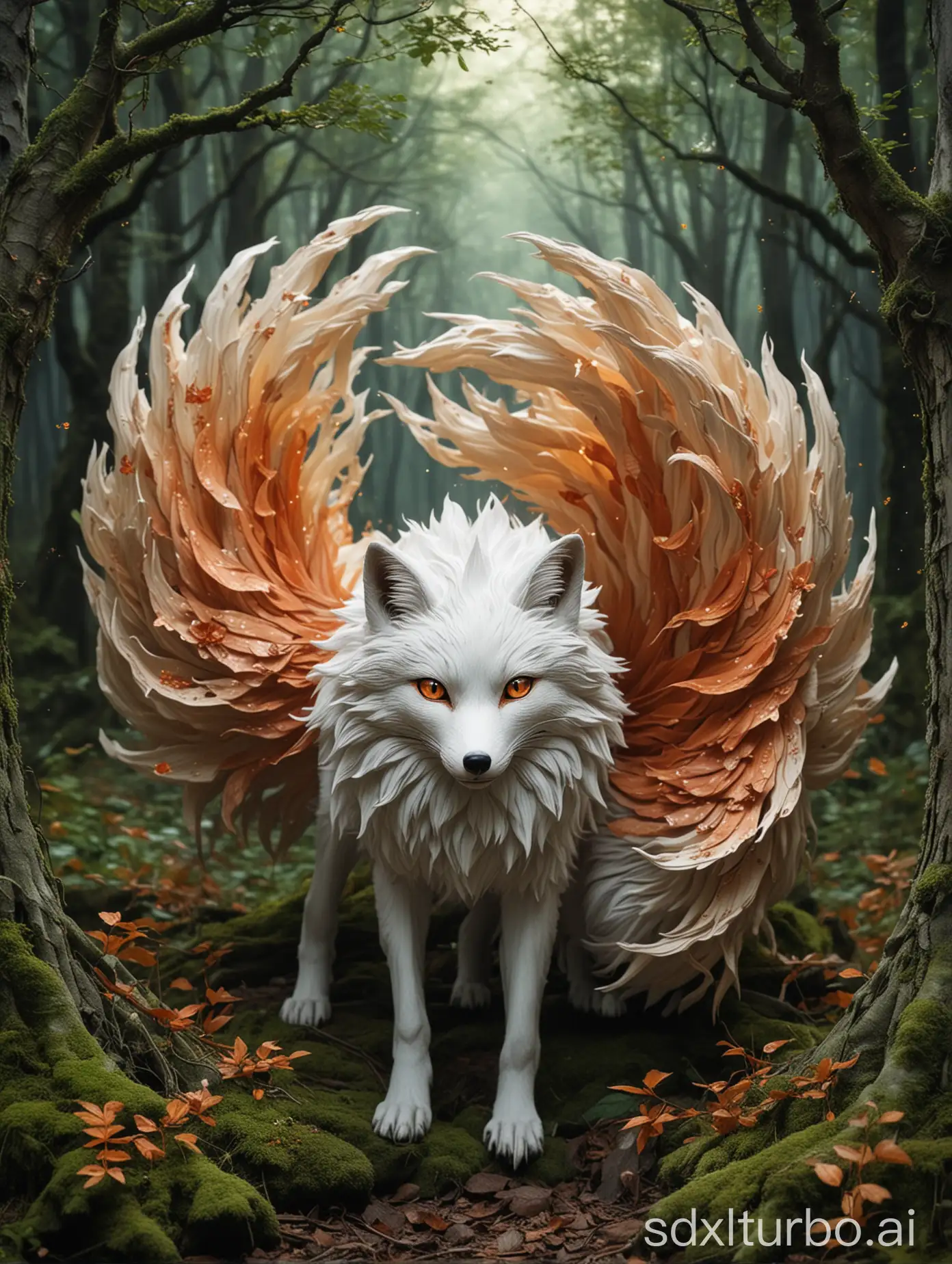 Create a mysterious and elegant nine-tailed fox standing in an ancient forest illuminated by moonlight. The body of the nine-tailed fox is silver-white, shimmering with a faint glow, its fur soft and smooth, with every hair clearly visible. Its eyes are deep and bright, sparkling with the light of wisdom, as if they can see through the human heart. The nine tails of the nine-tailed fox elegantly encircle its body, each tail in a different posture, some gently brushing the ground, some raised high, with a hint of flame-like red at the end of each tail, adding a touch of mystery. Behind the nine-tailed fox, the trees in the forest are tall and ancient, with moss and vines covering the trunks, leaves rustling gently in the breeze, making a rustling sound. Moonlight filters through the gaps in the leaves, creating a mottled shadow, creating a dreamy atmosphere. Around the nine-tailed fox, you can embellish some mysterious elements, such as floating fireflies, twinkling magical auras, or some ancient runes, which enhance the mystery and storytelling of the picture. The color tone of the whole picture is mainly cold, highlighting the mystery and nobility of the nine-tailed fox, but also ensuring that there is enough contrast and detail in the picture, making the nine-tailed fox the focus of the picture and attracting the viewer's attention.