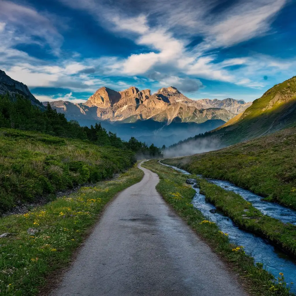 A photorealistic image of a winding path leading towards a stunning mountain vista.